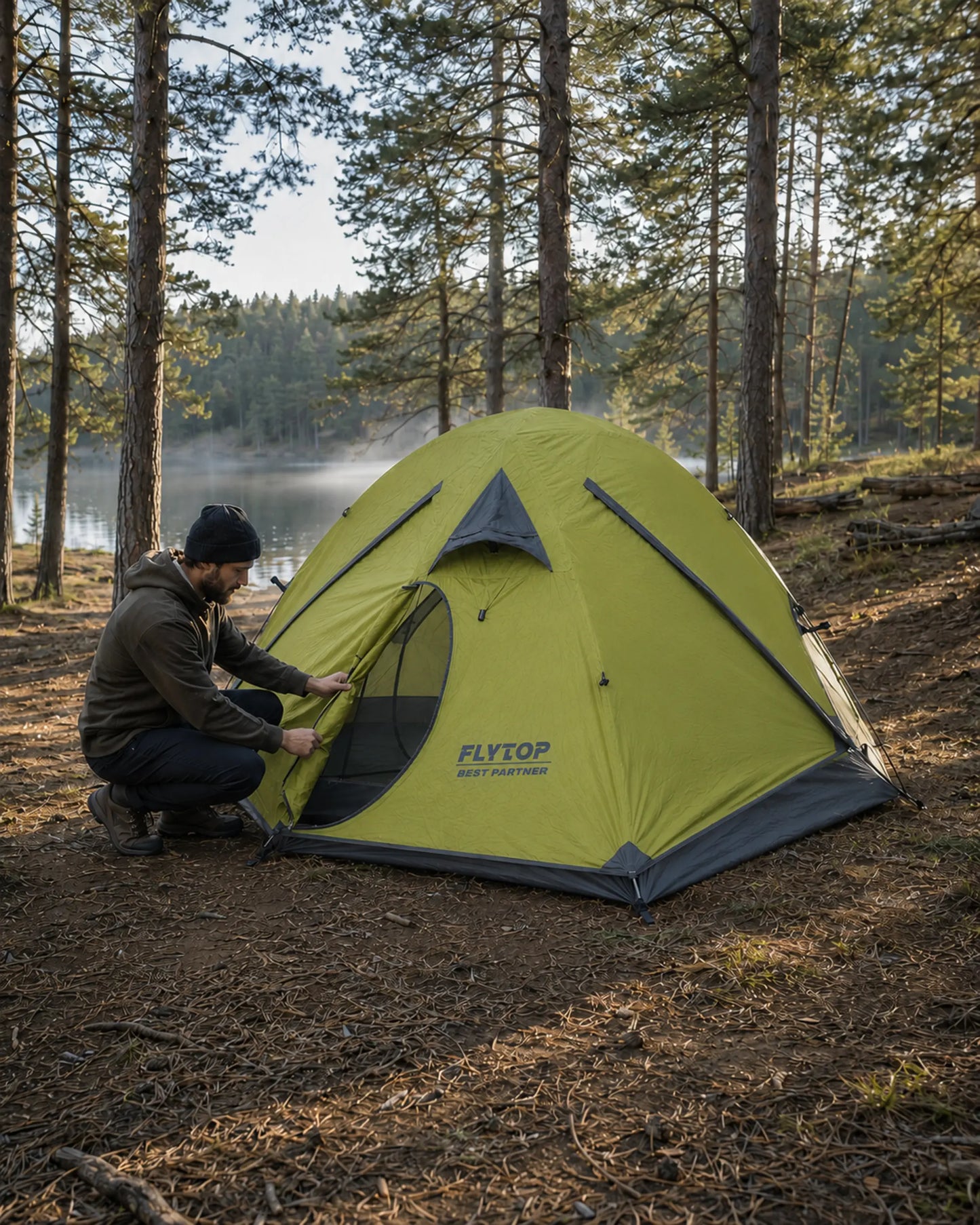 Camper using a FLYTOP green waterproof dome tent at a forest campsite