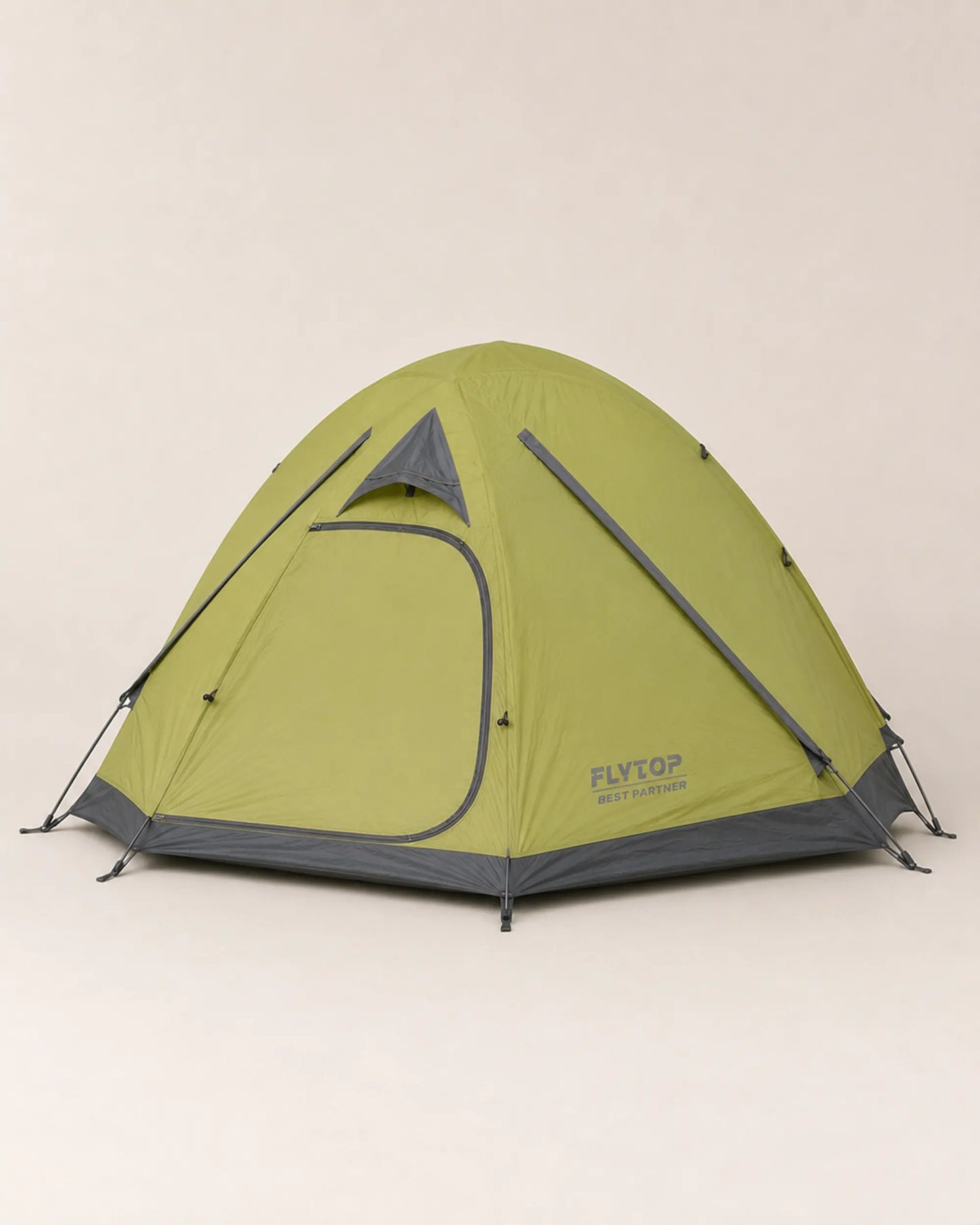 FLYTOP green two-person waterproof camping tent with gray trim, front hero view