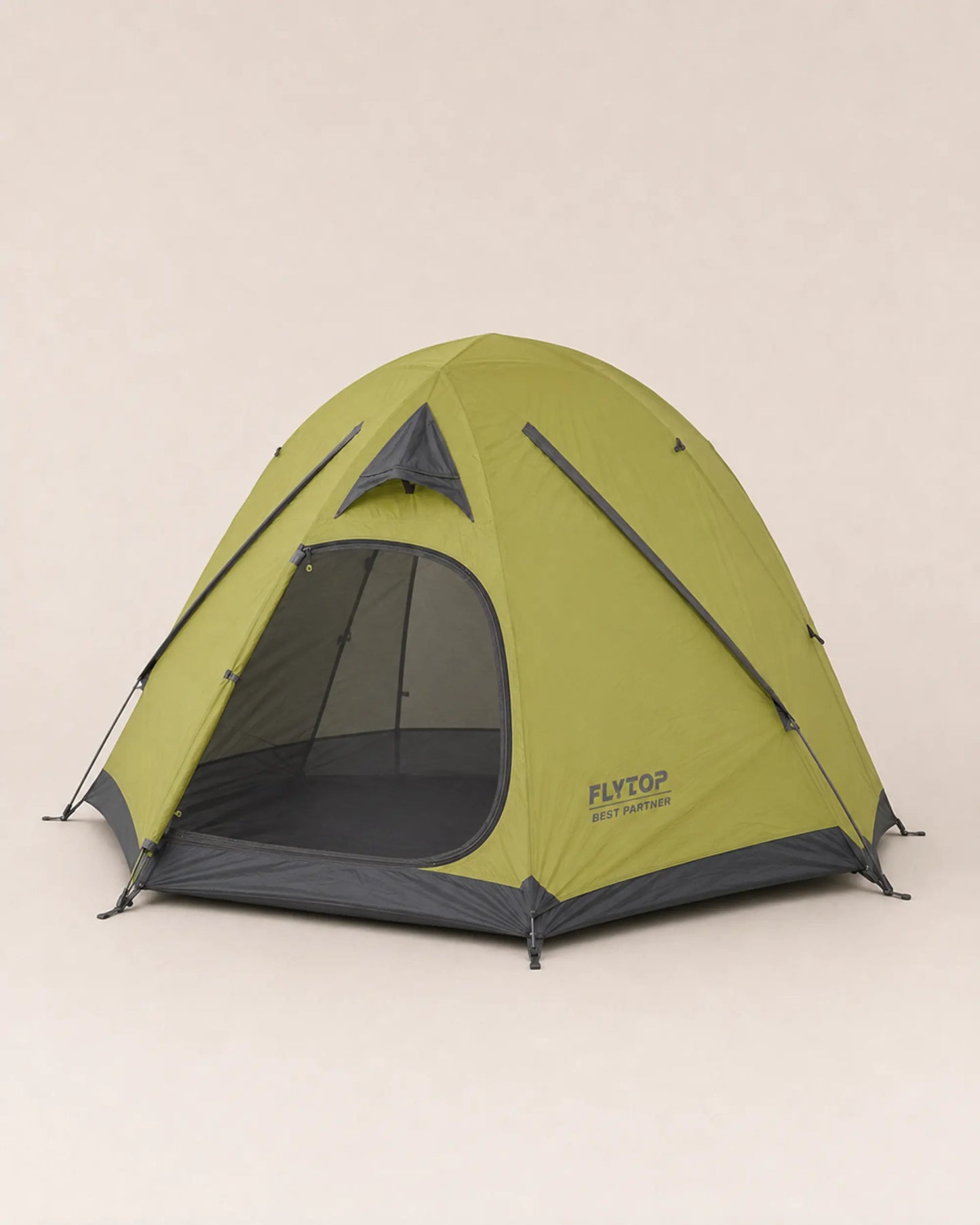FLYTOP green two-person camping tent photographed from a right angle