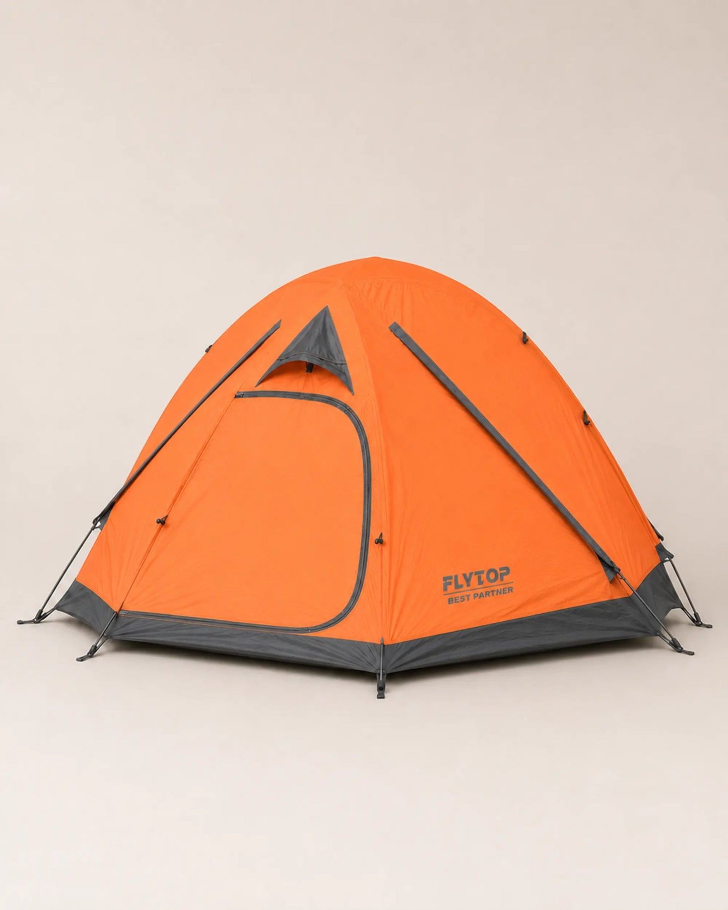 FLYTOP orange two-person waterproof camping tent with gray trim, front hero view