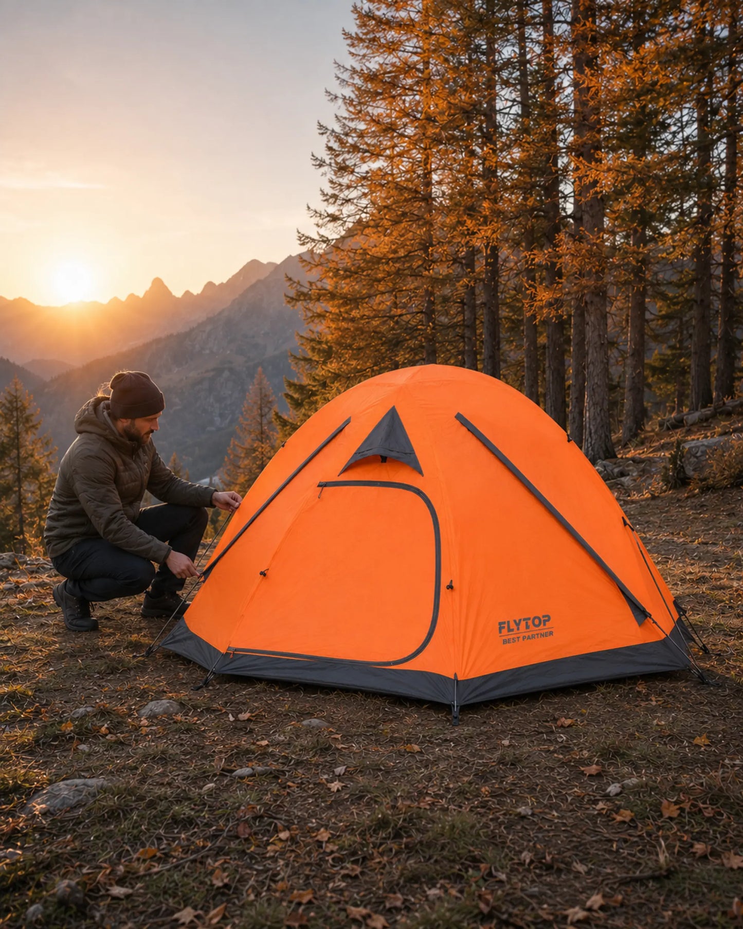 Camper securing a FLYTOP orange waterproof tent at a mountain campsite