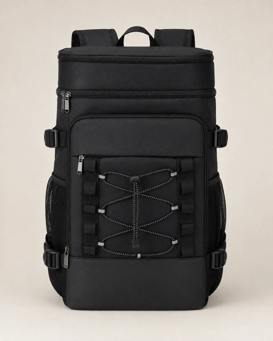 Black insulated picnic cooler backpack, front view