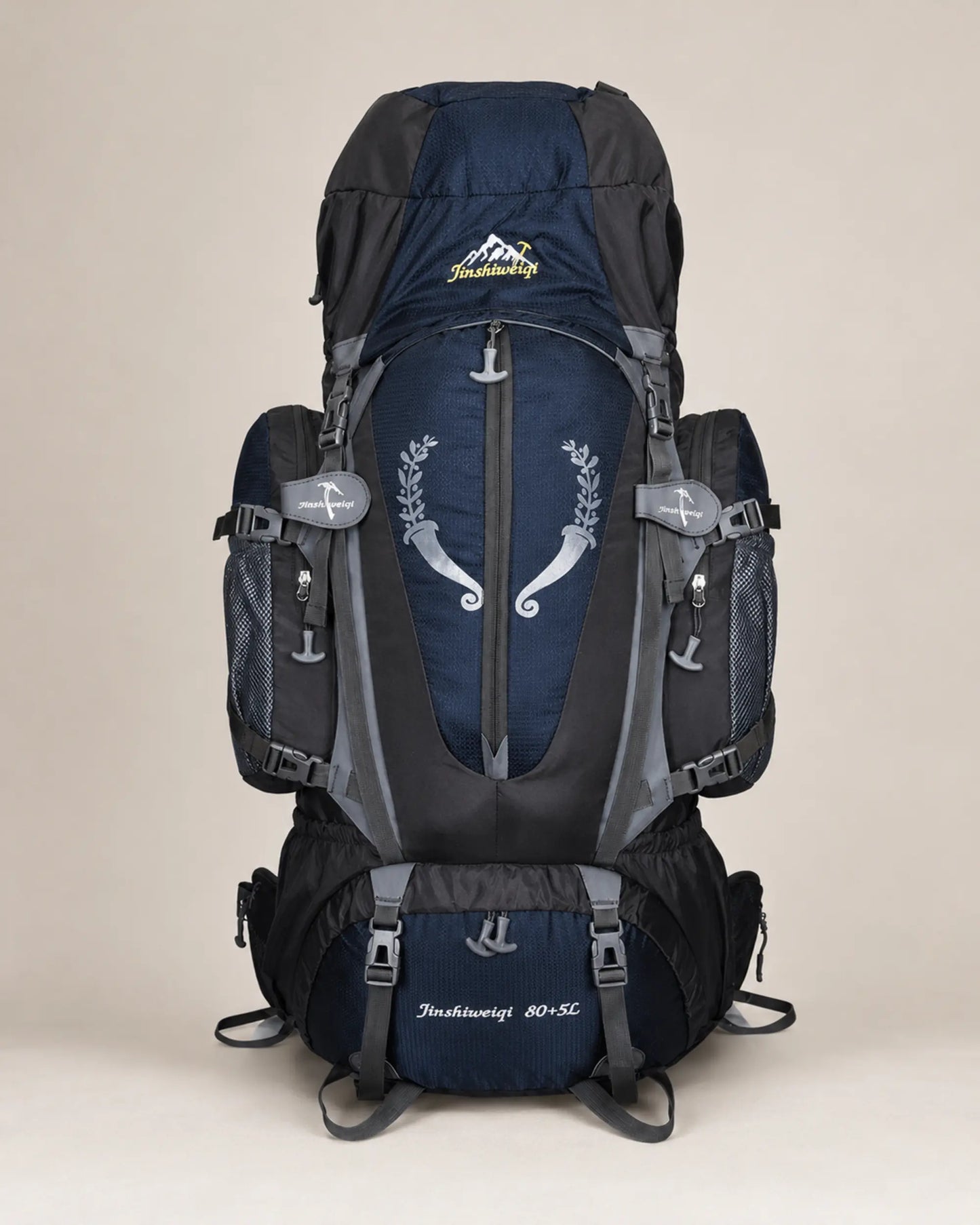 Black Jinshiweiqi large-capacity hiking backpack in a front studio view