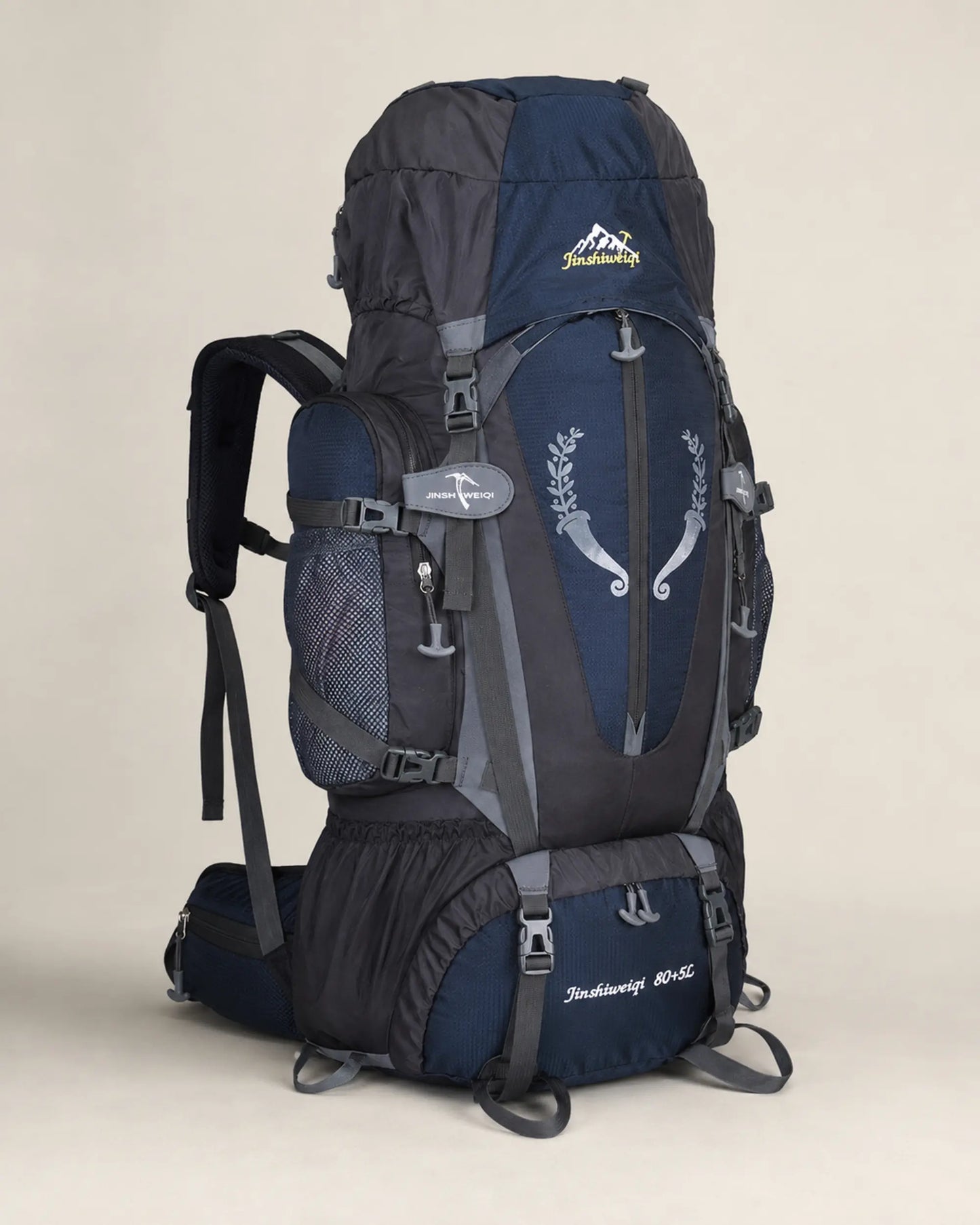 Black Jinshiweiqi large-capacity hiking backpack shown from the left angle