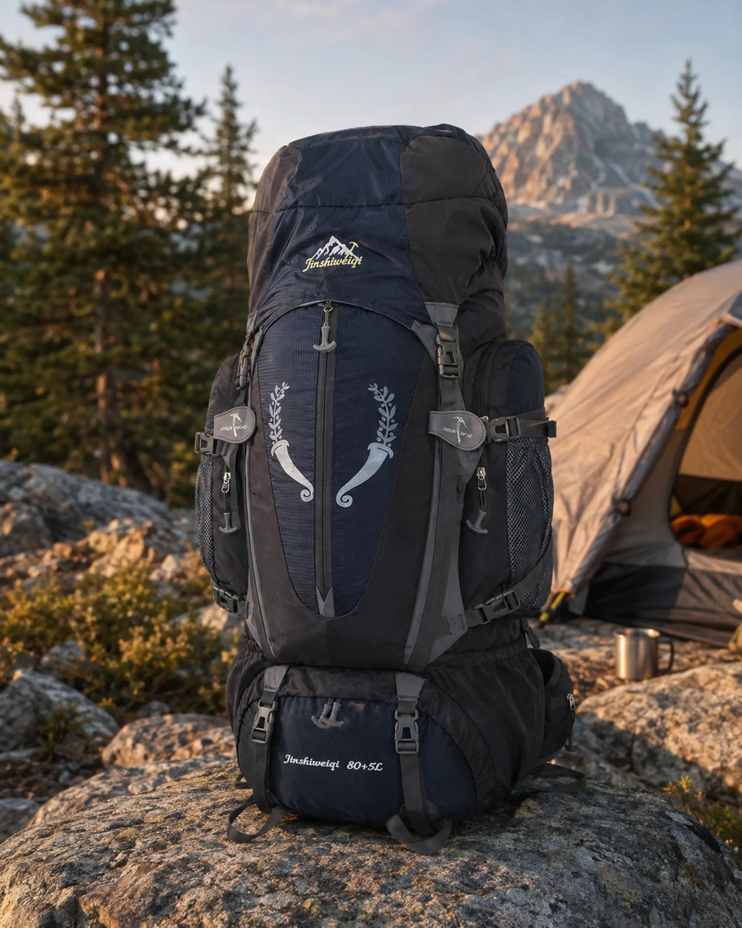 Black Jinshiweiqi large-capacity hiking backpack at an alpine campsite