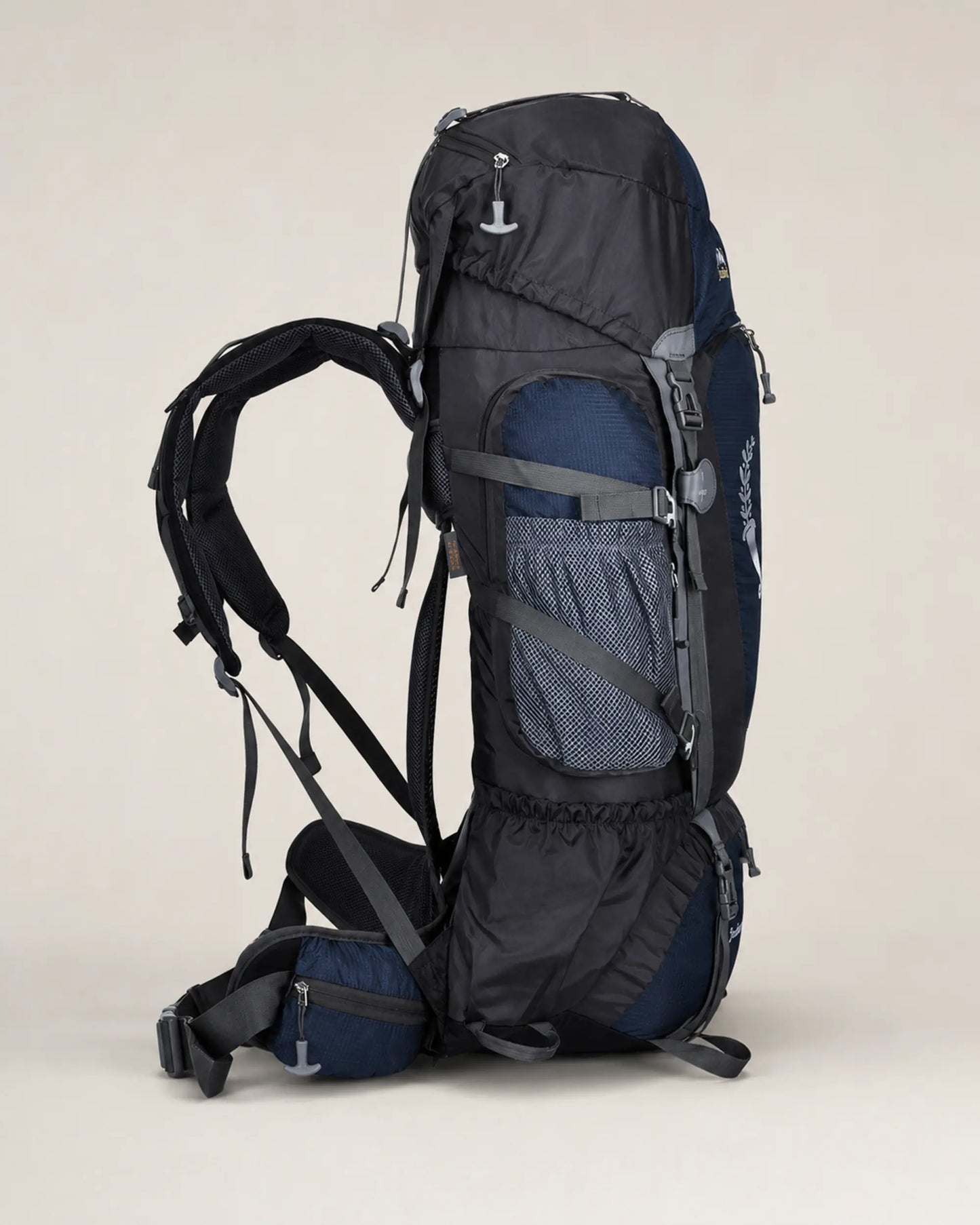 Black Jinshiweiqi hiking backpack with mesh pocket in a side profile view