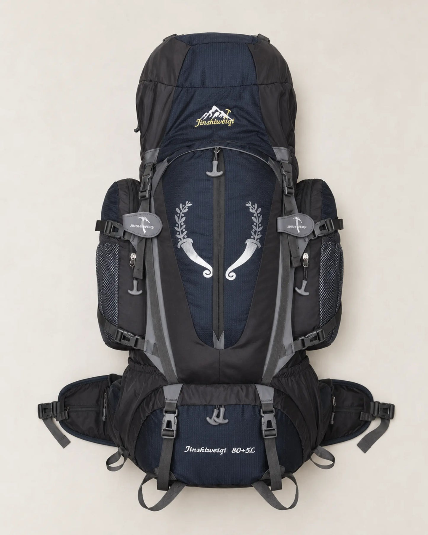 Black Jinshiweiqi large-capacity hiking backpack photographed from above