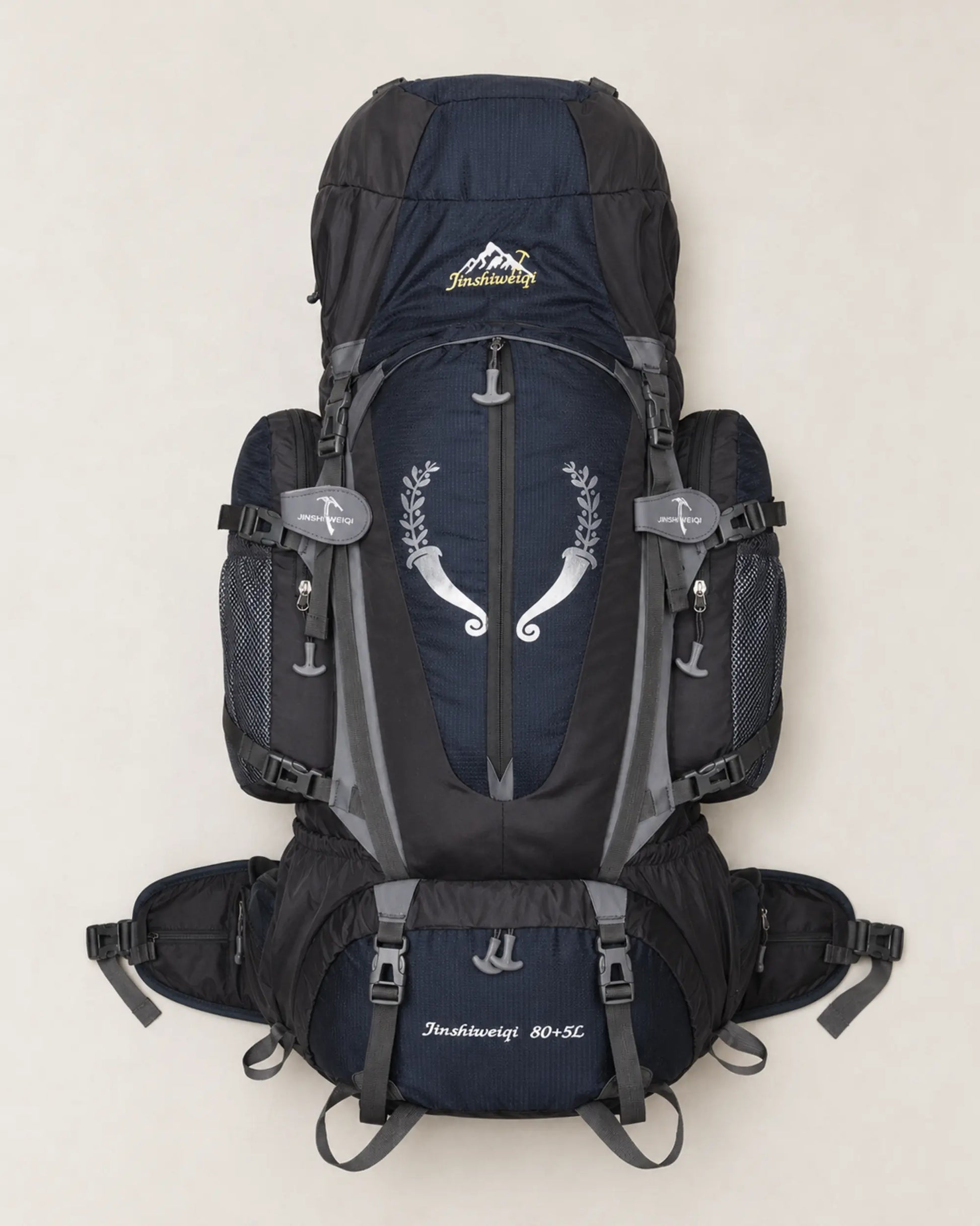 Black Jinshiweiqi large-capacity hiking backpack photographed from above