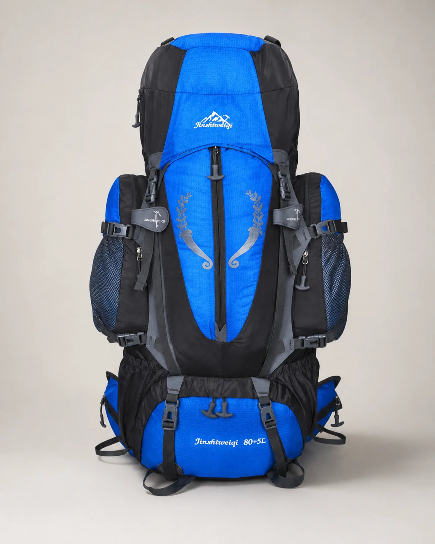 Blue Jinshiweiqi large-capacity hiking backpack in a front studio view