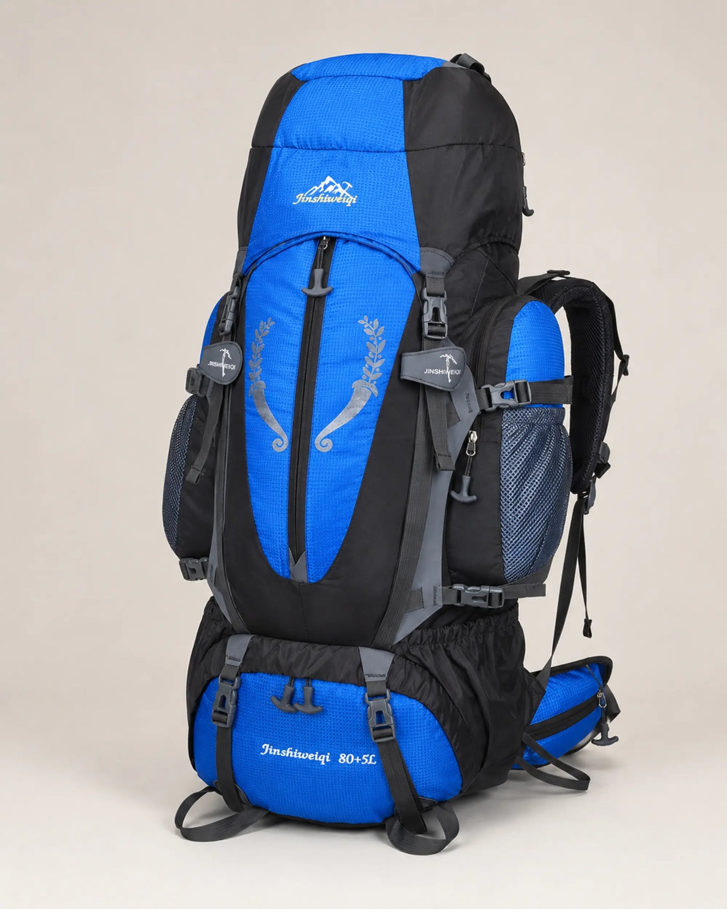 Blue Jinshiweiqi large-capacity hiking backpack shown from the right angle