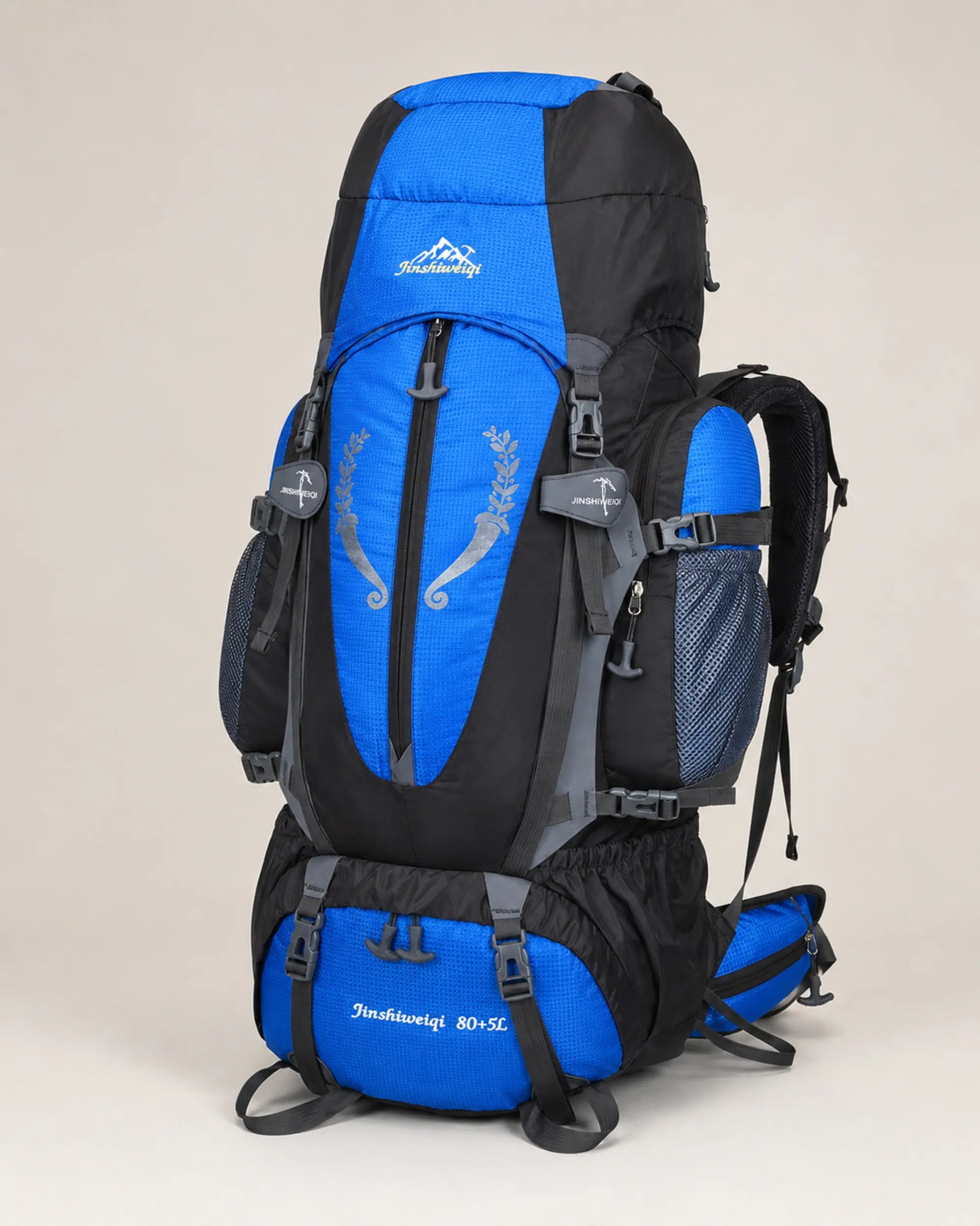 Blue Jinshiweiqi large-capacity hiking backpack shown from the right angle