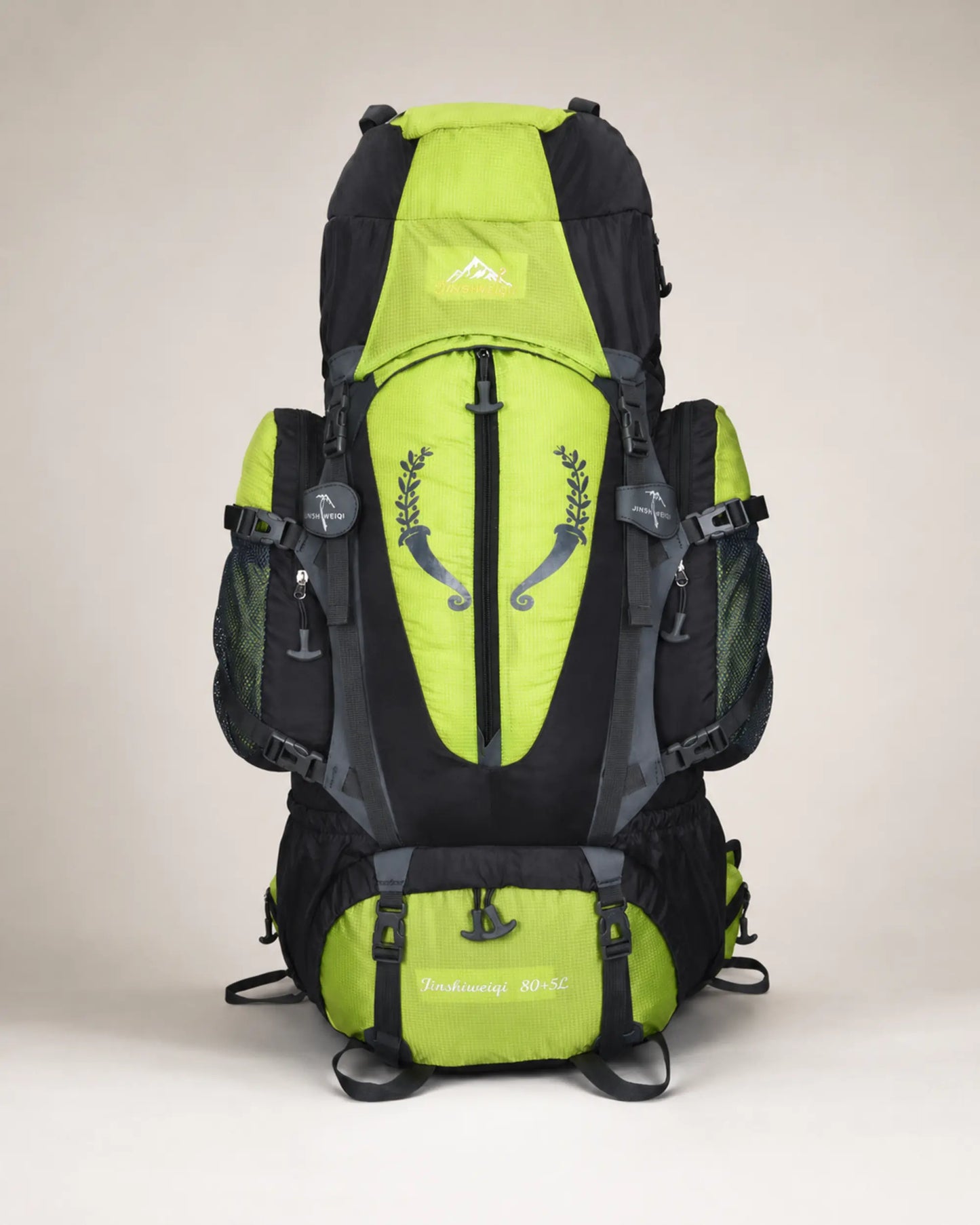 Green Jinshiweiqi large-capacity hiking backpack in a front studio view