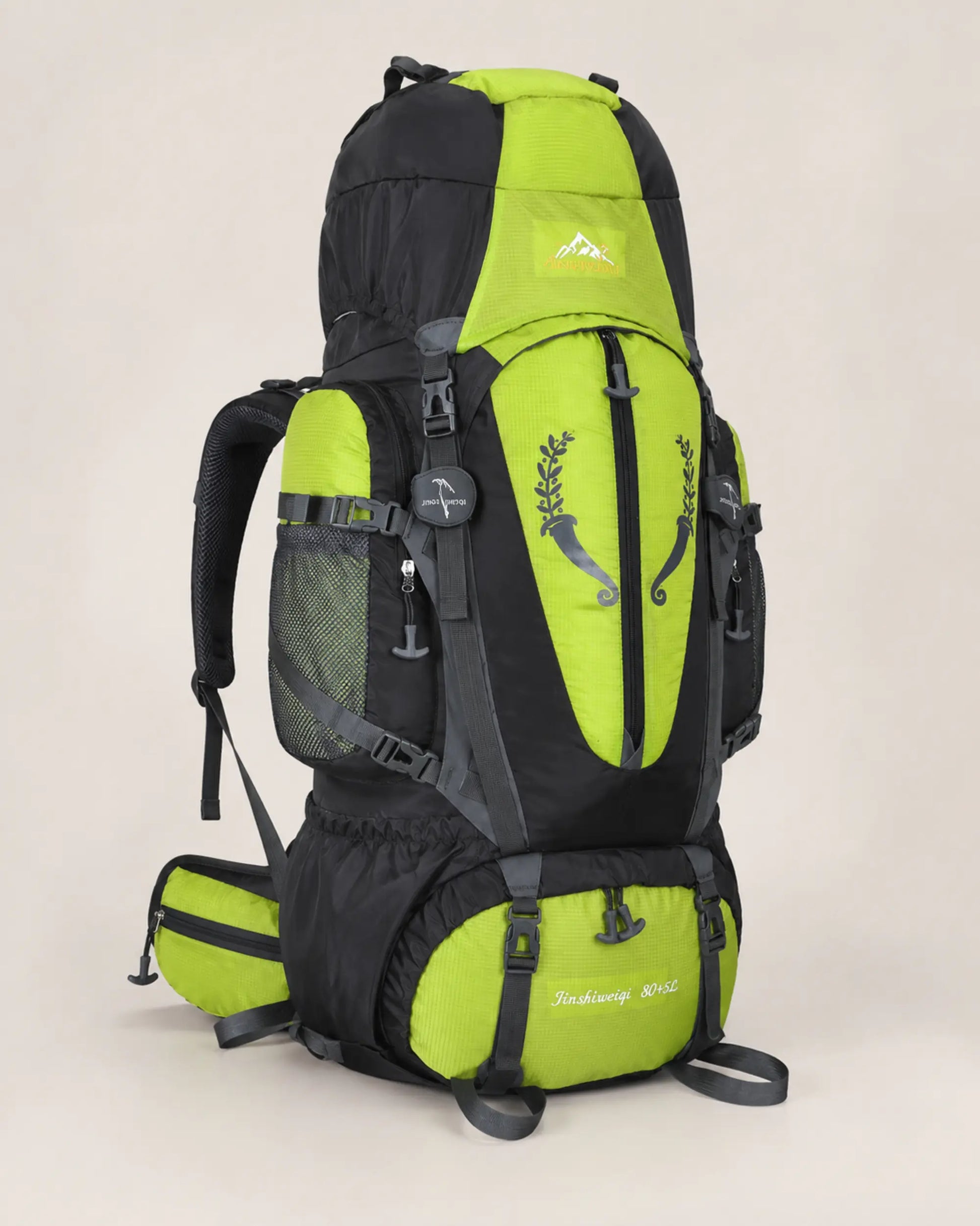 Green Jinshiweiqi large-capacity hiking backpack shown from the left angle