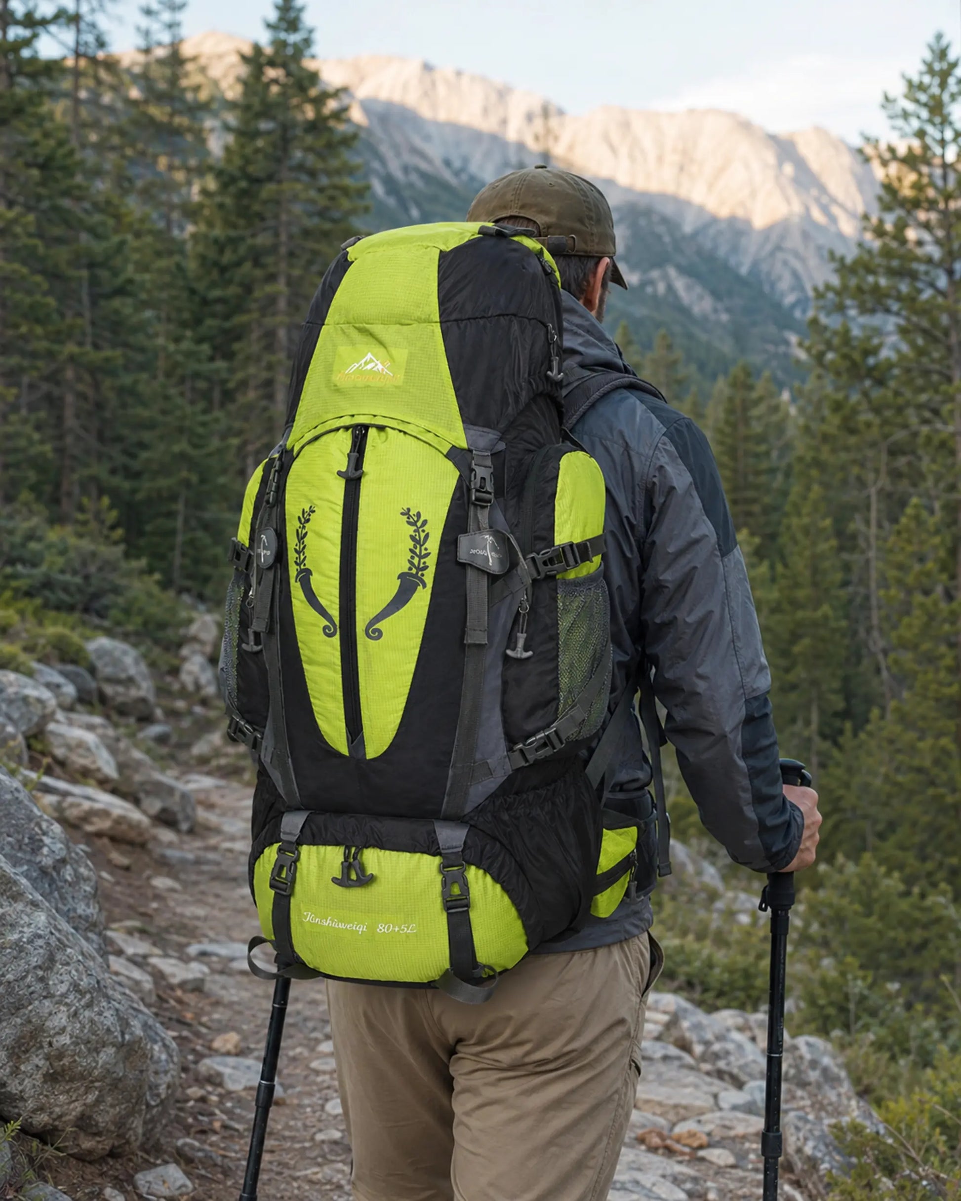 Hiker wearing a green Jinshiweiqi large-capacity backpack on an alpine trail
