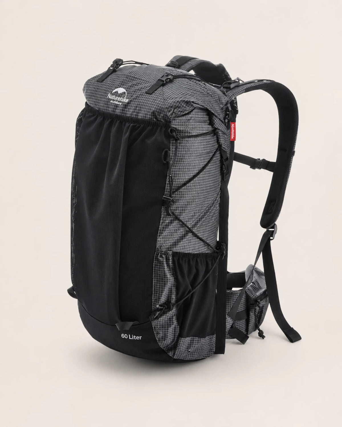 Naturehike 60L Black hiking backpack shown at a clean three-quarter angle