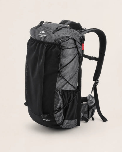 Naturehike 60L Black hiking backpack shown at a clean three-quarter angle