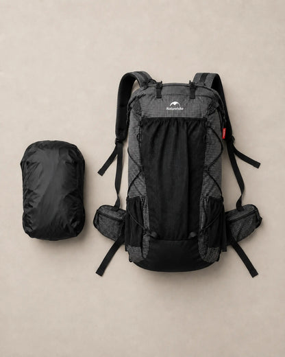 Naturehike 60L Upgraded Black backpack with included rain cover flat lay