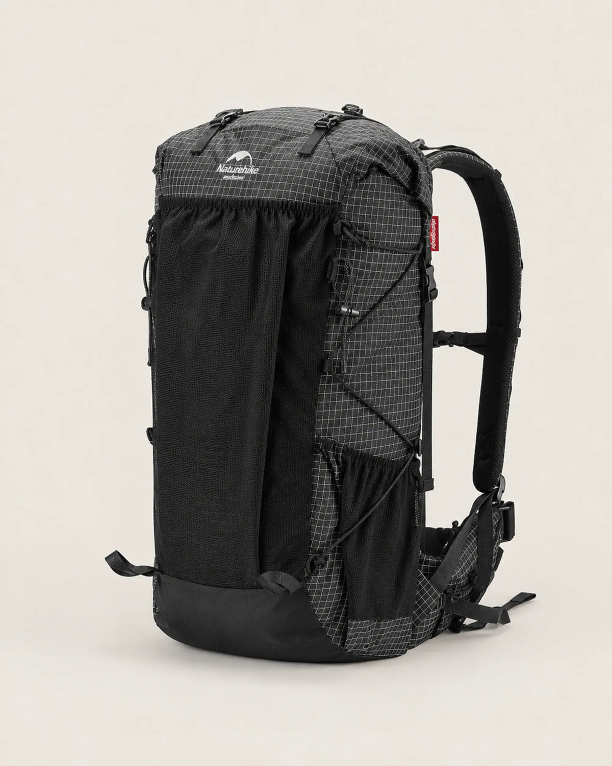 Naturehike 60L Upgraded Black hiking backpack front view on warm grey