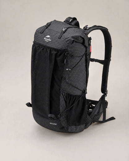 Naturehike 60L Upgraded Black backpack elevated view showing roll-top construction