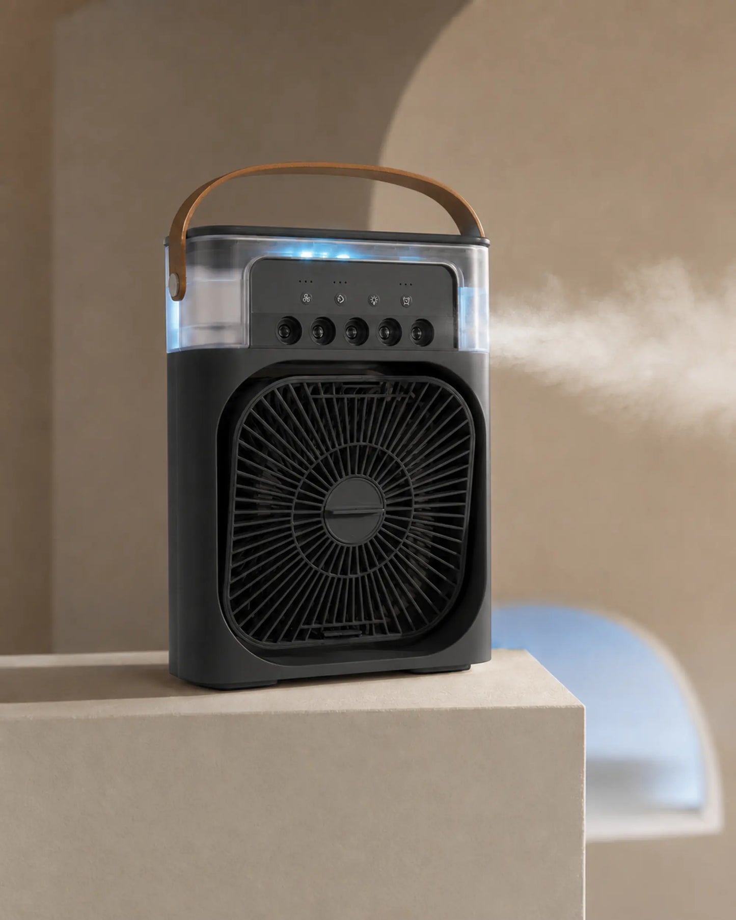 OIMG black portable mist fan with blue LED light and water mist