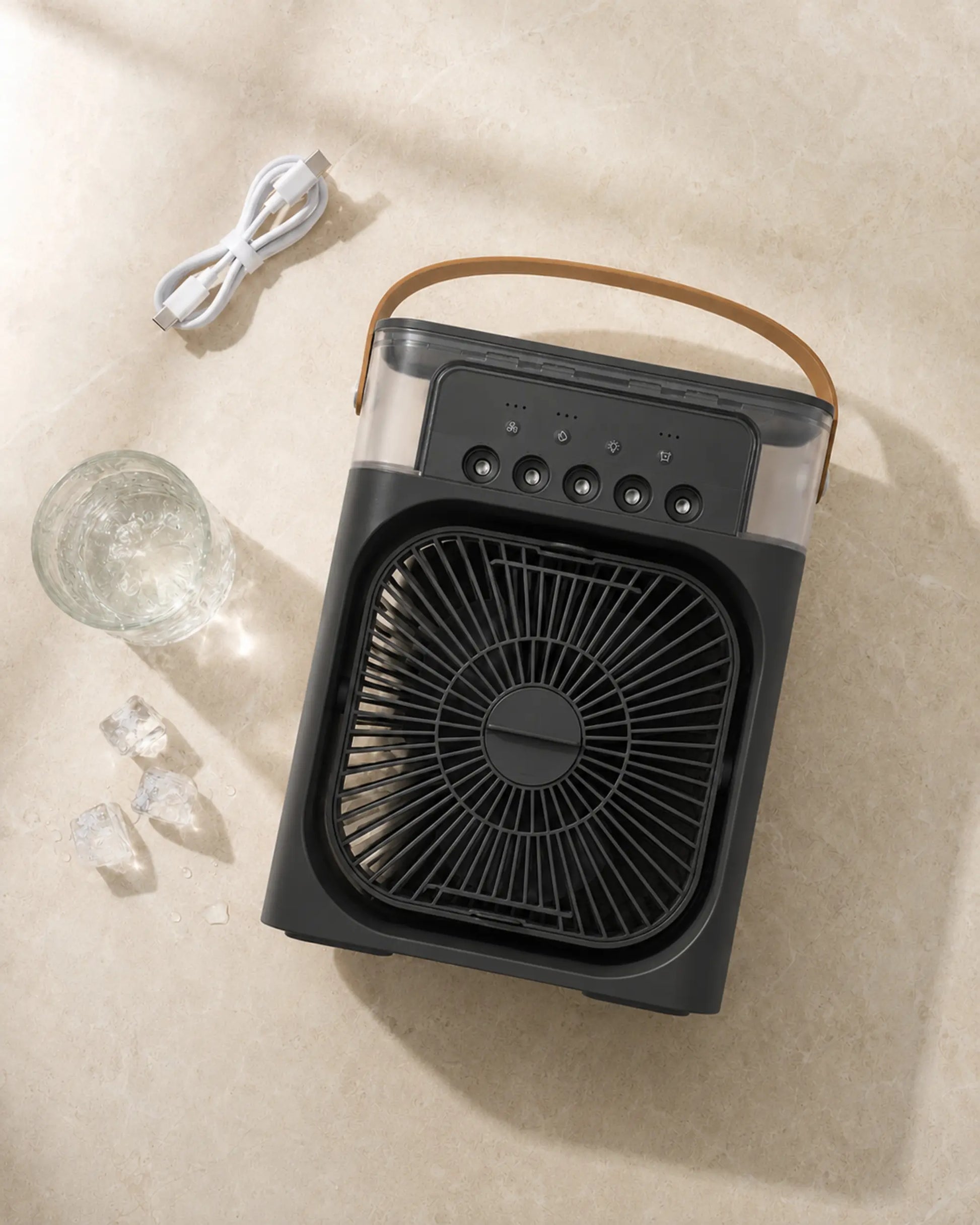 OIMG black portable desktop mist fan with USB-C cable, water and ice