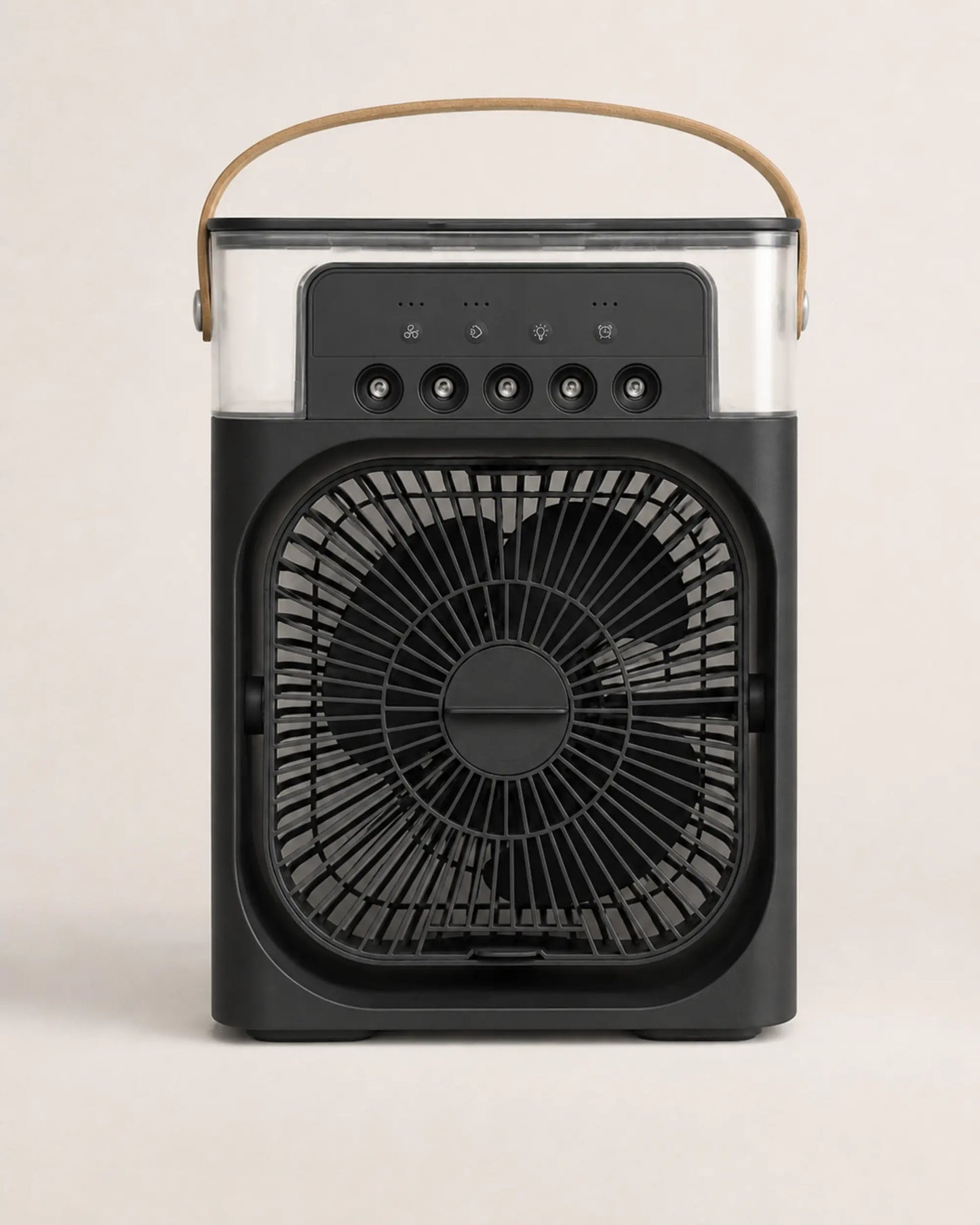 OIMG black portable USB desktop mist fan with clear water tank, front view