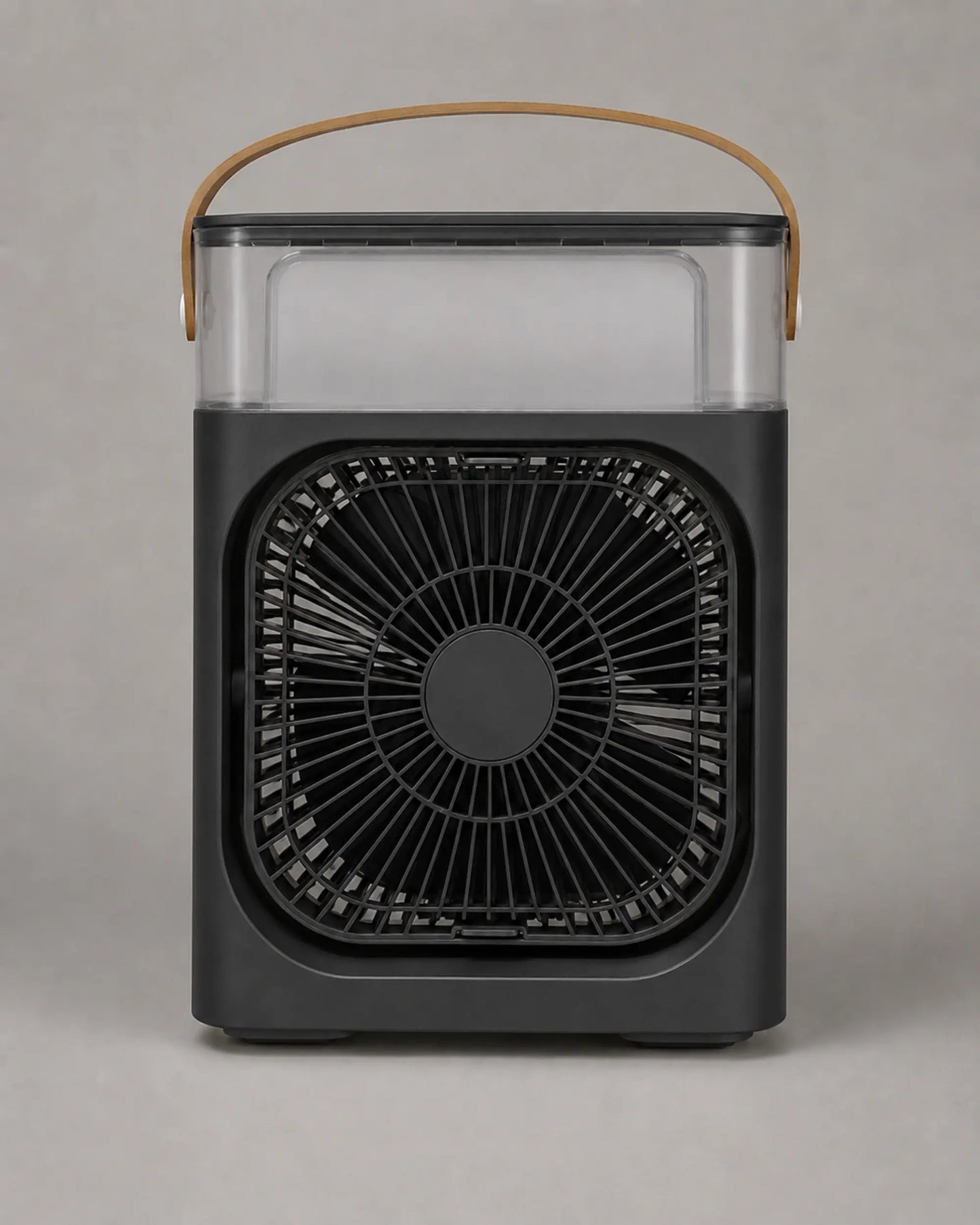 Rear view of OIMG black portable desktop mist fan with tan carry handle