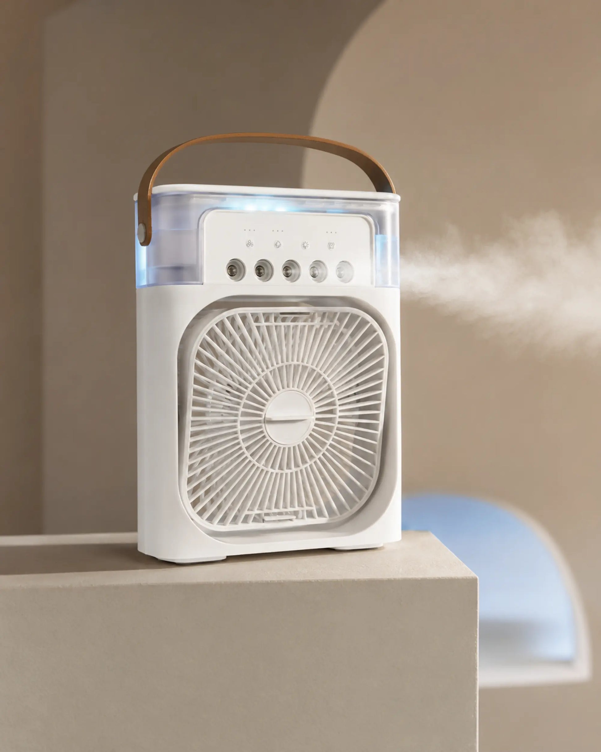 OIMG white portable mist fan with blue LED light and water mist