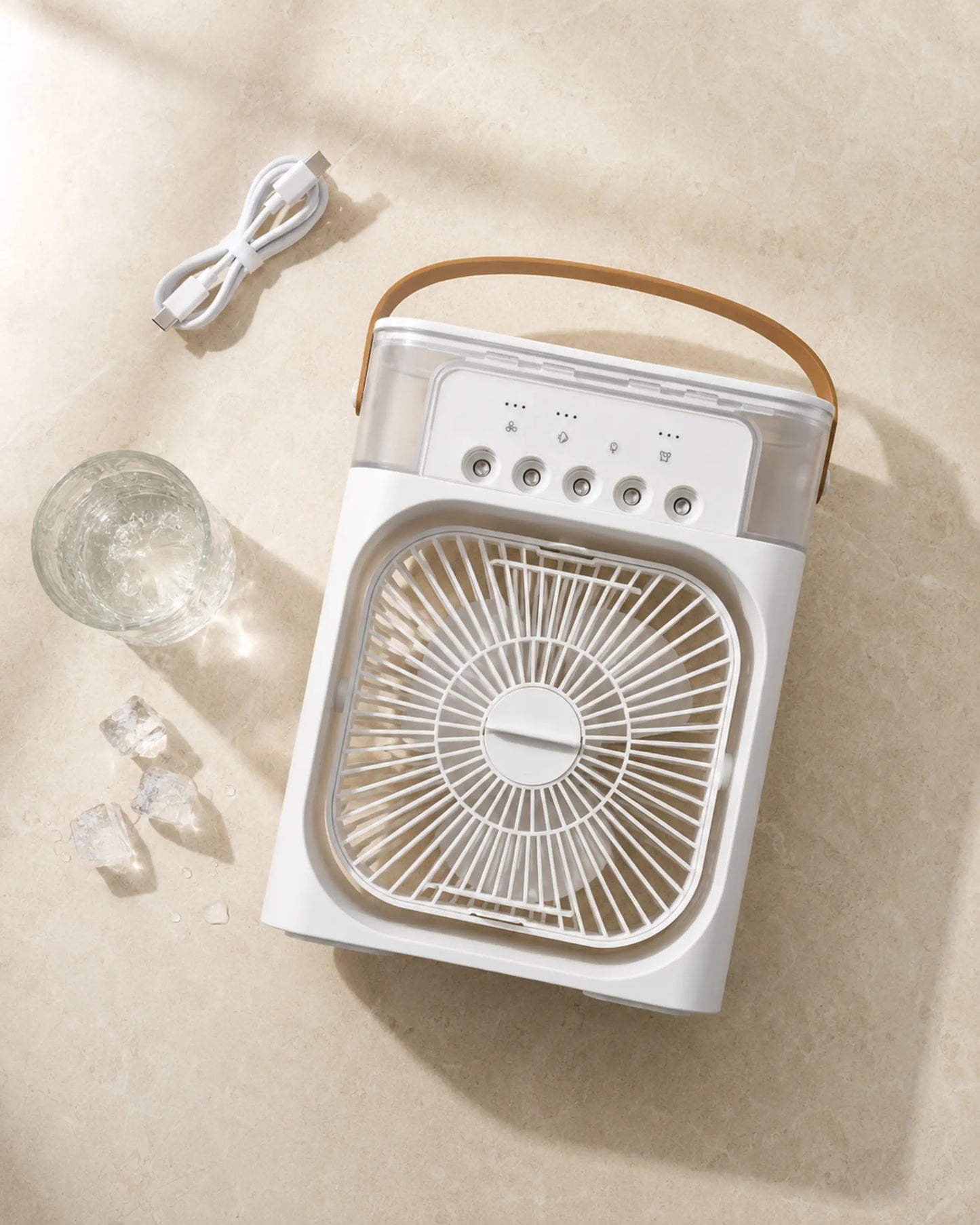 OIMG white portable desktop mist fan with USB-C cable, water and ice