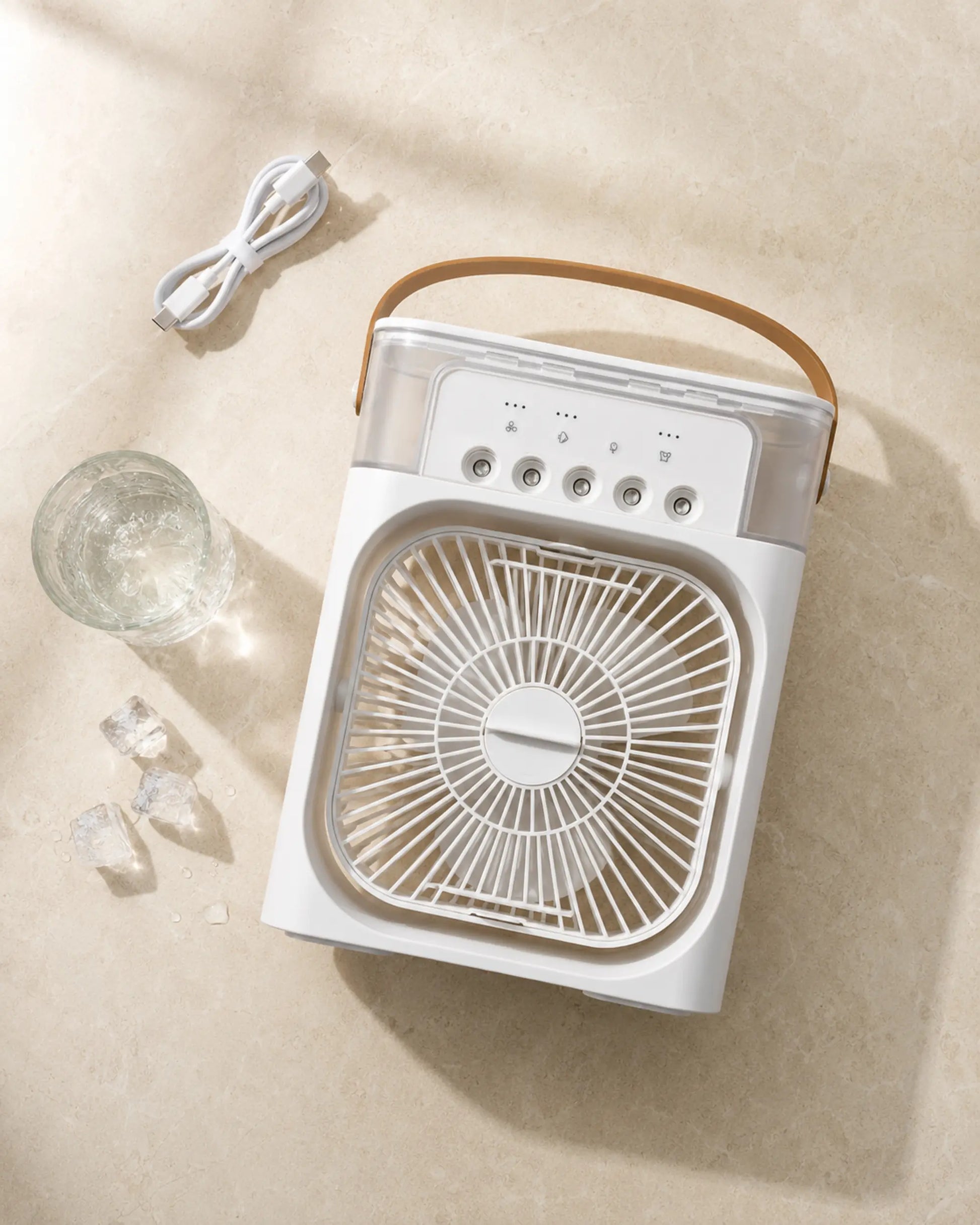 OIMG white portable desktop mist fan with USB-C cable, water and ice