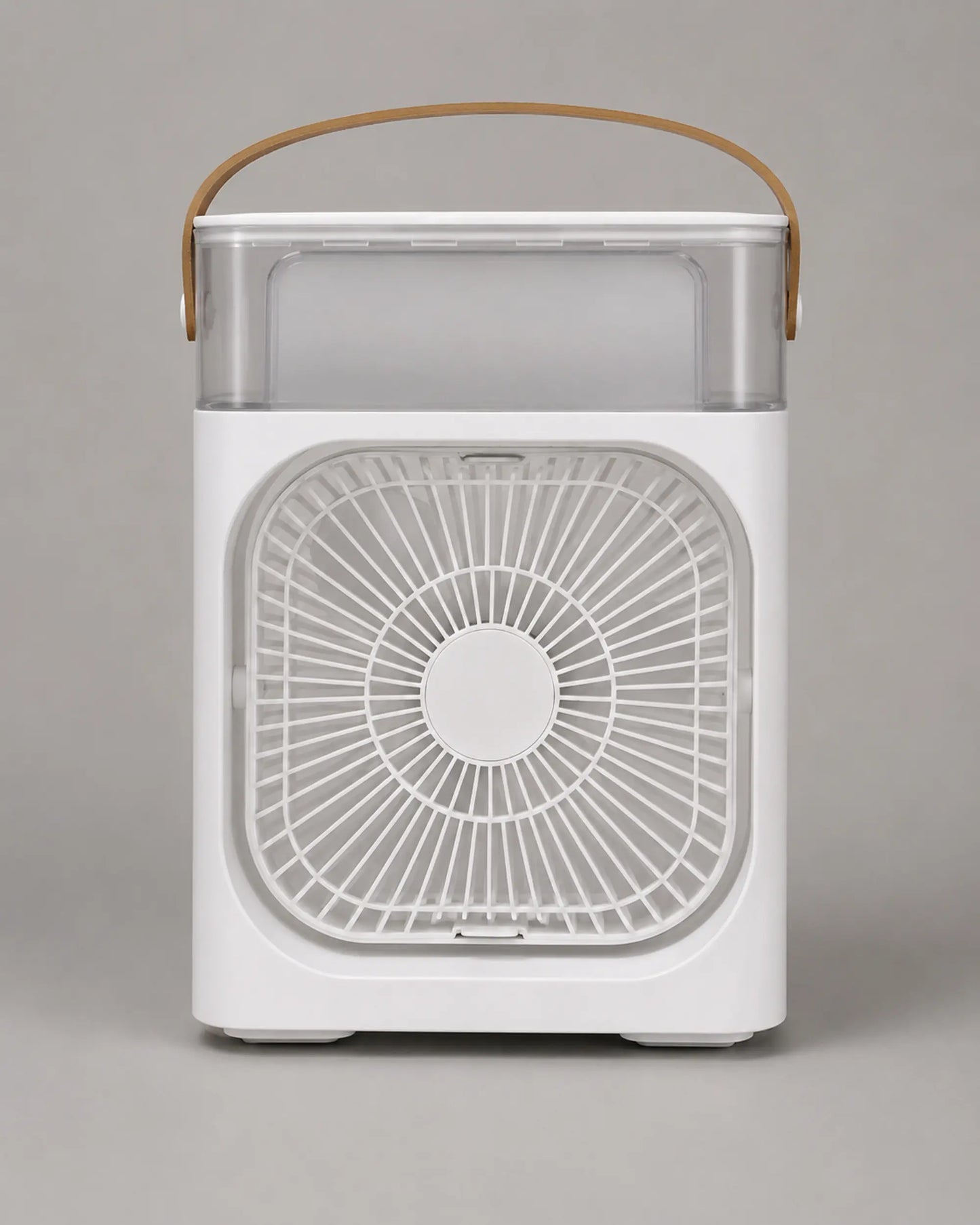 Rear view of OIMG white portable desktop mist fan with tan carry handle