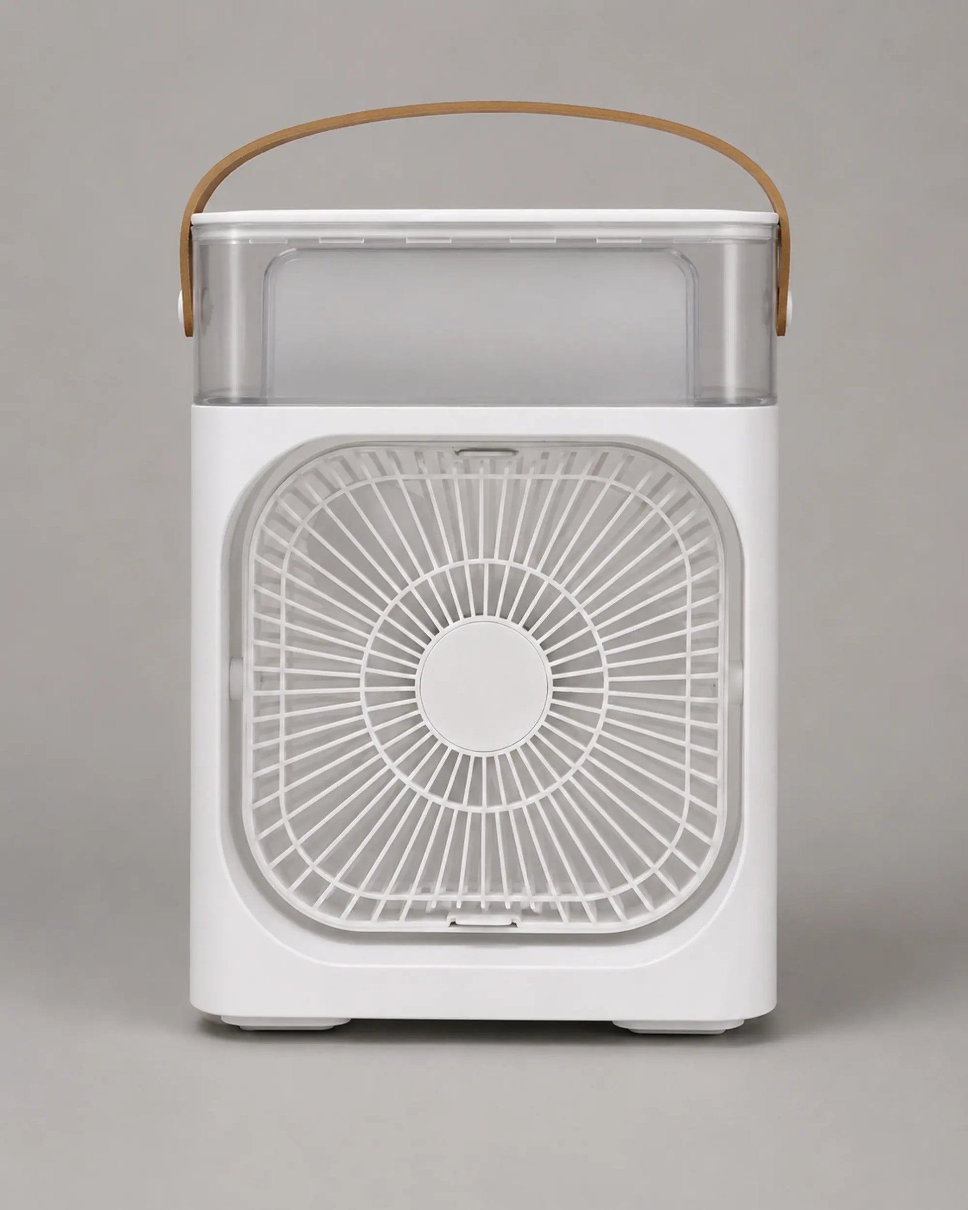 Rear view of OIMG white portable desktop mist fan with tan carry handle