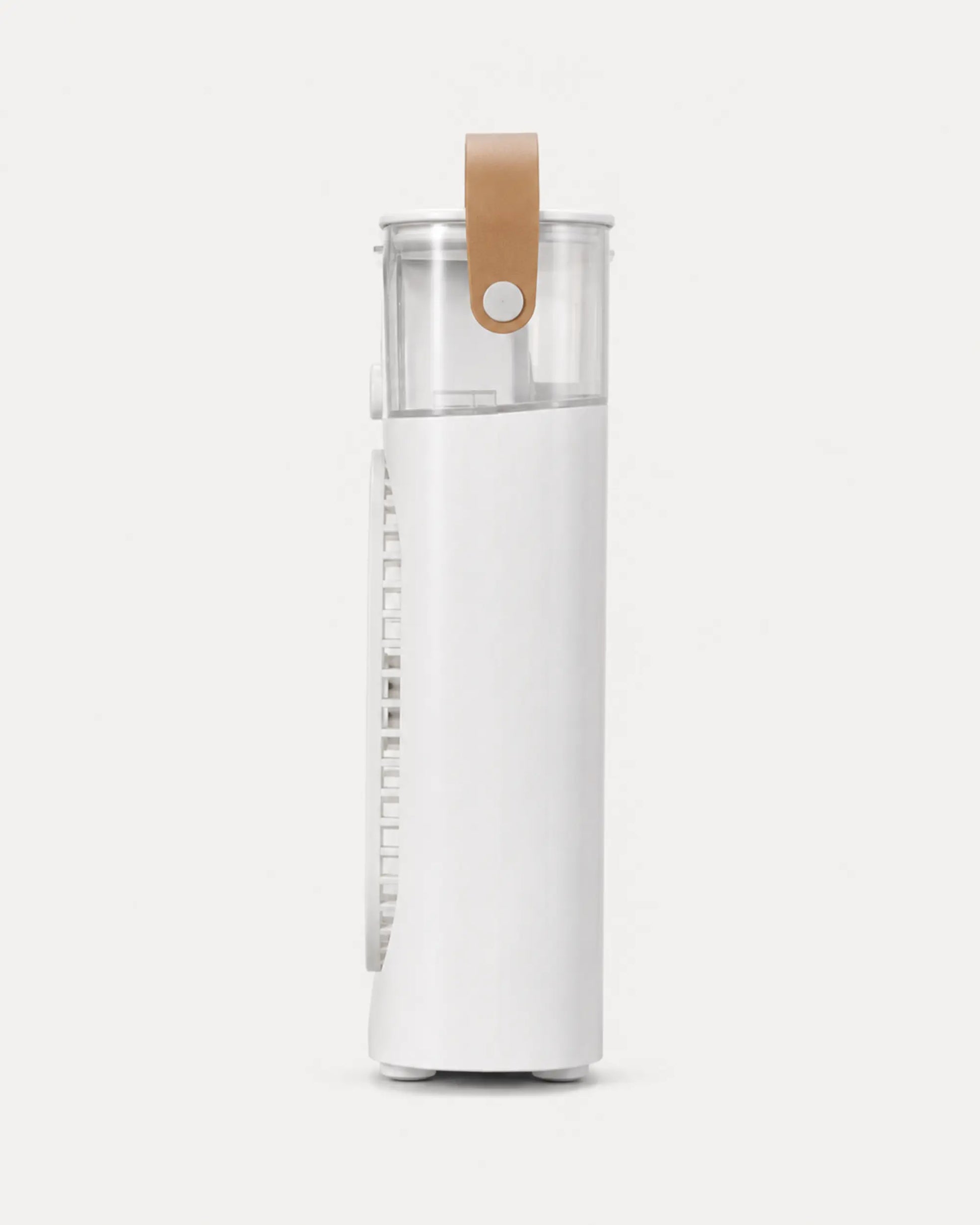 Side profile of OIMG white portable desktop mist fan with clear water tank