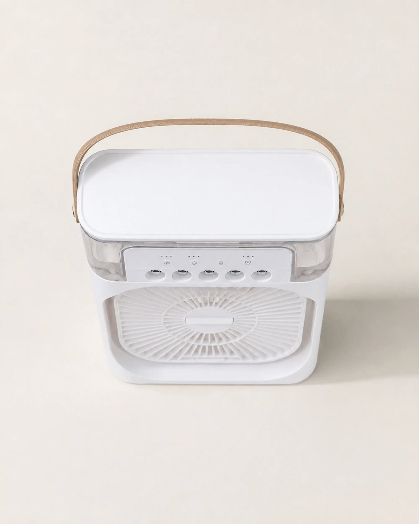 Top view of OIMG white portable mist fan showing the water tank lid and handle