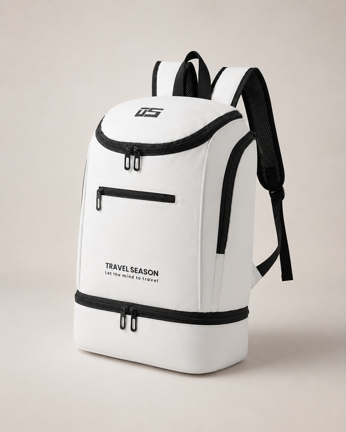 Scione backpack right-angle view showing side zip pocket