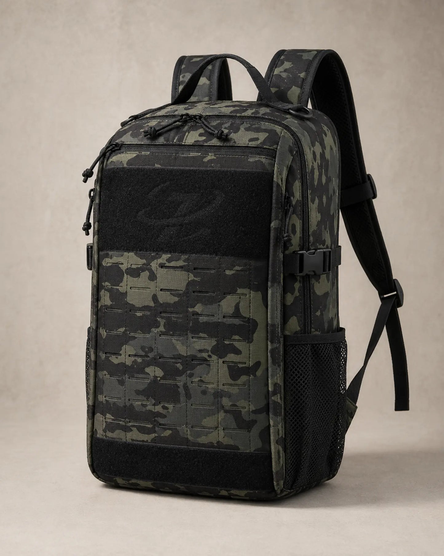 Right angled view of the Black Camo Scione tactical backpack