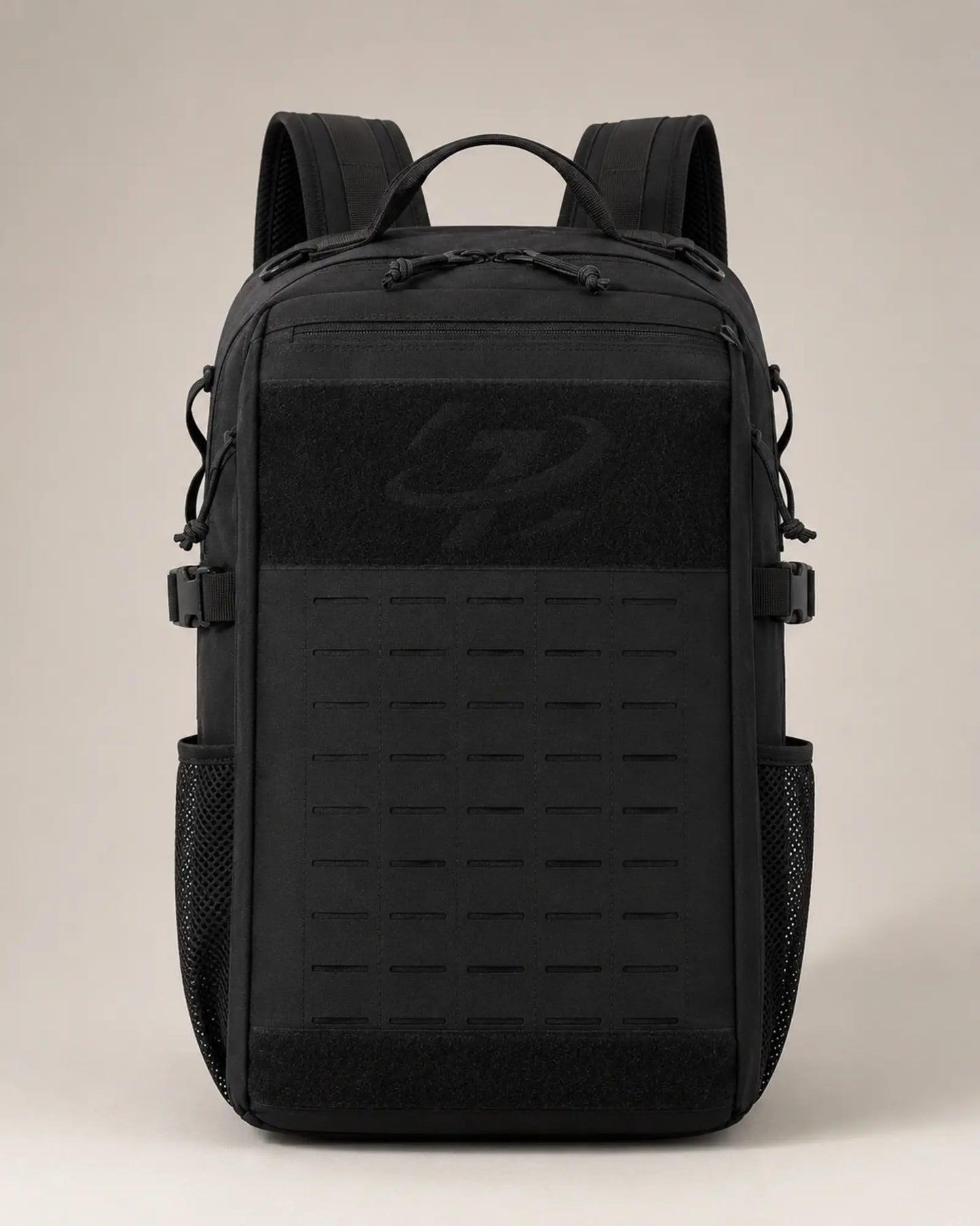 Black Scione laser-cut MOLLE backpack with compression straps and mesh pockets