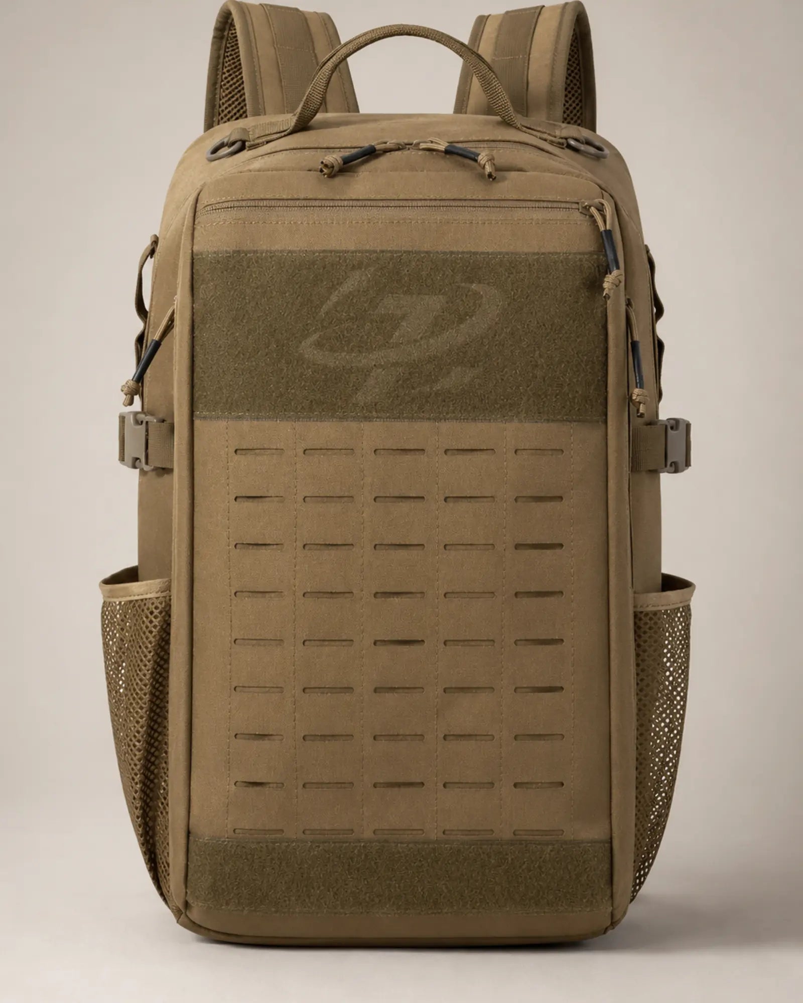 Khaki Scione laser-cut MOLLE tactical backpack in a straight front view