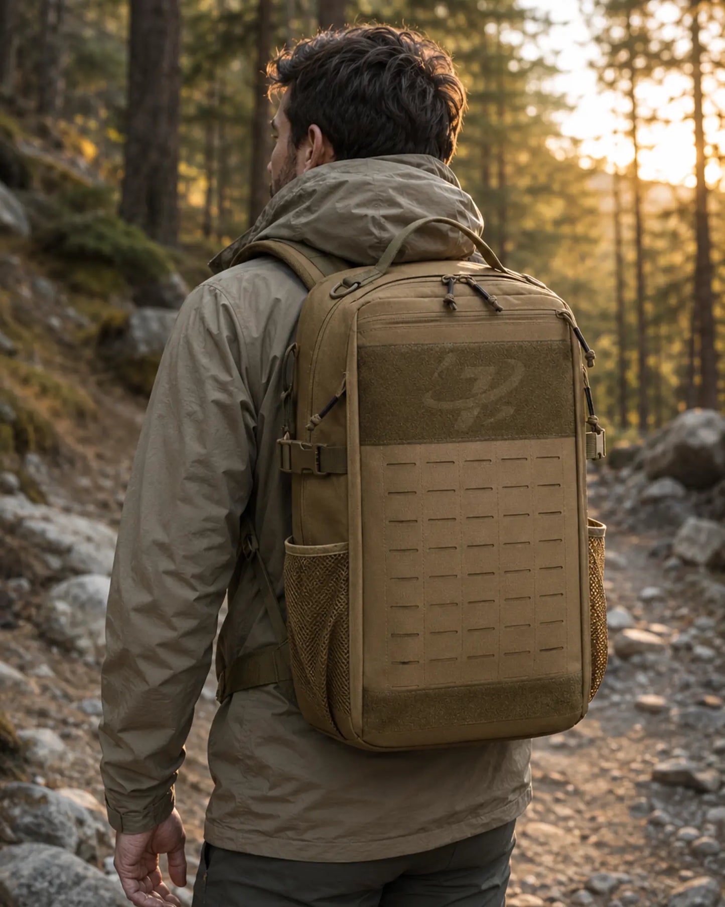 Hiker wearing a Khaki Scione MOLLE tactical backpack on forest trail