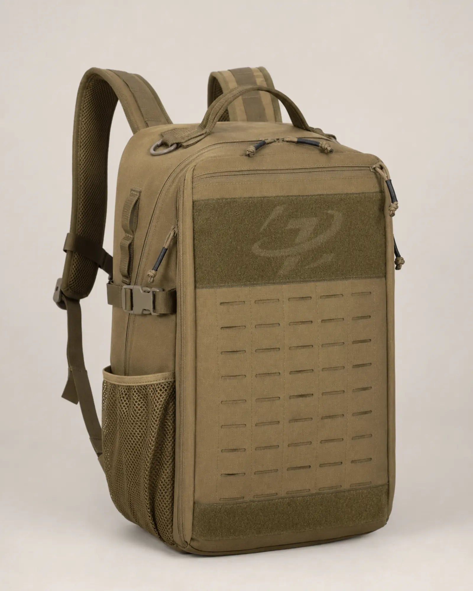 Left angled view of the Khaki Scione MOLLE tactical backpack
