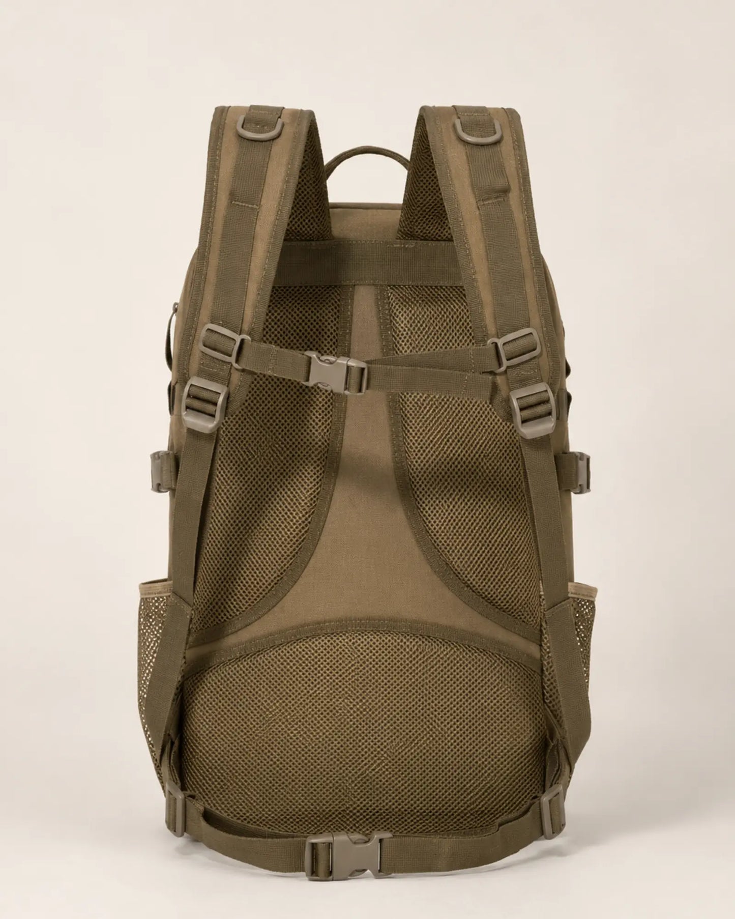 Padded mesh back panel and adjustable straps on Khaki Scione backpack
