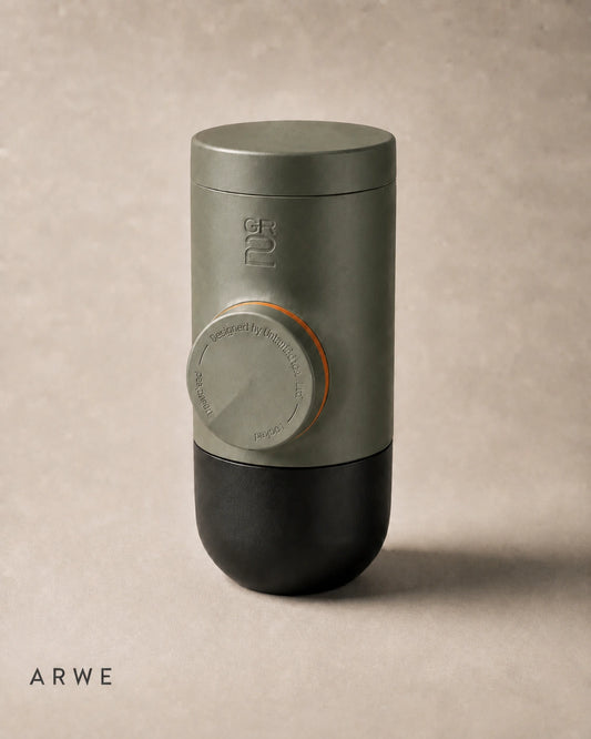 WACACO Minipresso GR2 espresso maker angled view in olive green showing locking dial
