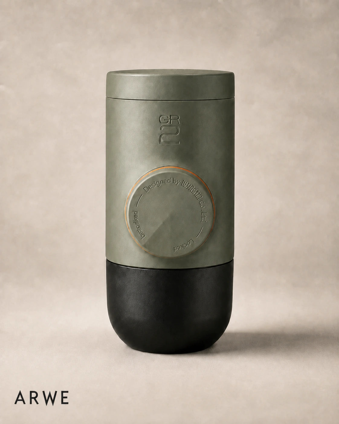 WACACO Minipresso GR2 espresso maker in olive green, front view with Arwe branding