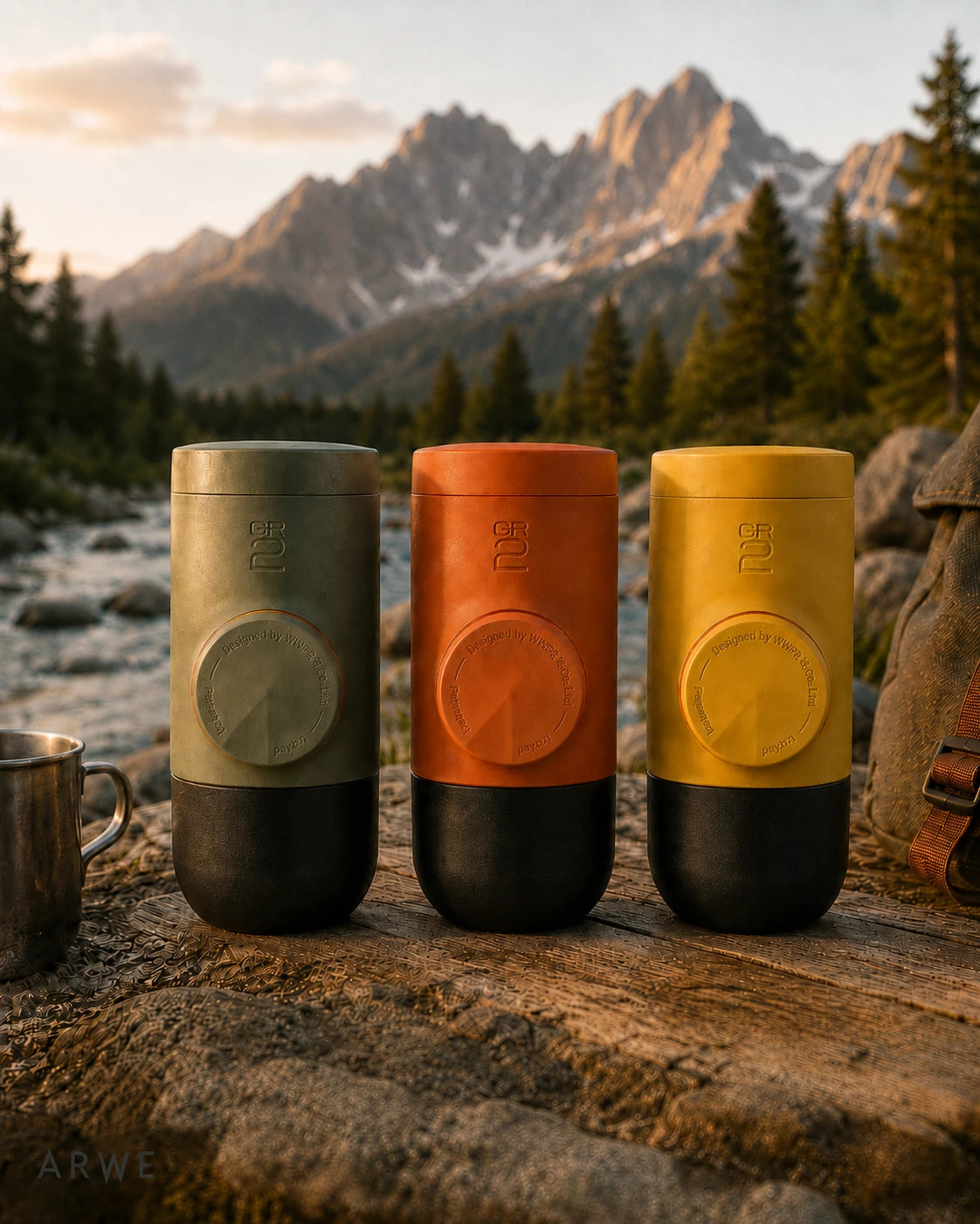 WACACO Minipresso GR2 in olive, terracotta, and mustard color options on a mountain overlook