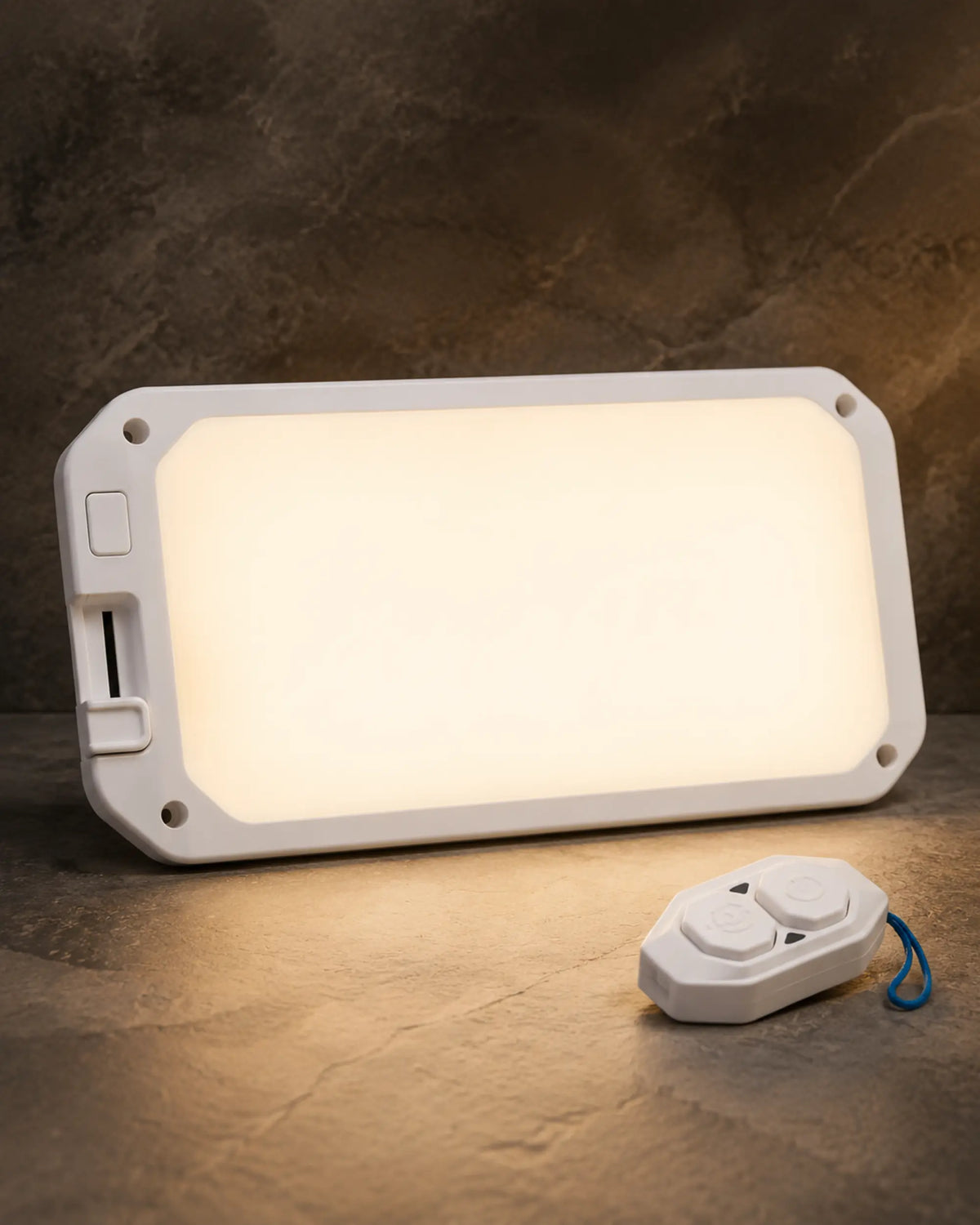 Warm white dimmable RV ceiling light glowing beside its remote control